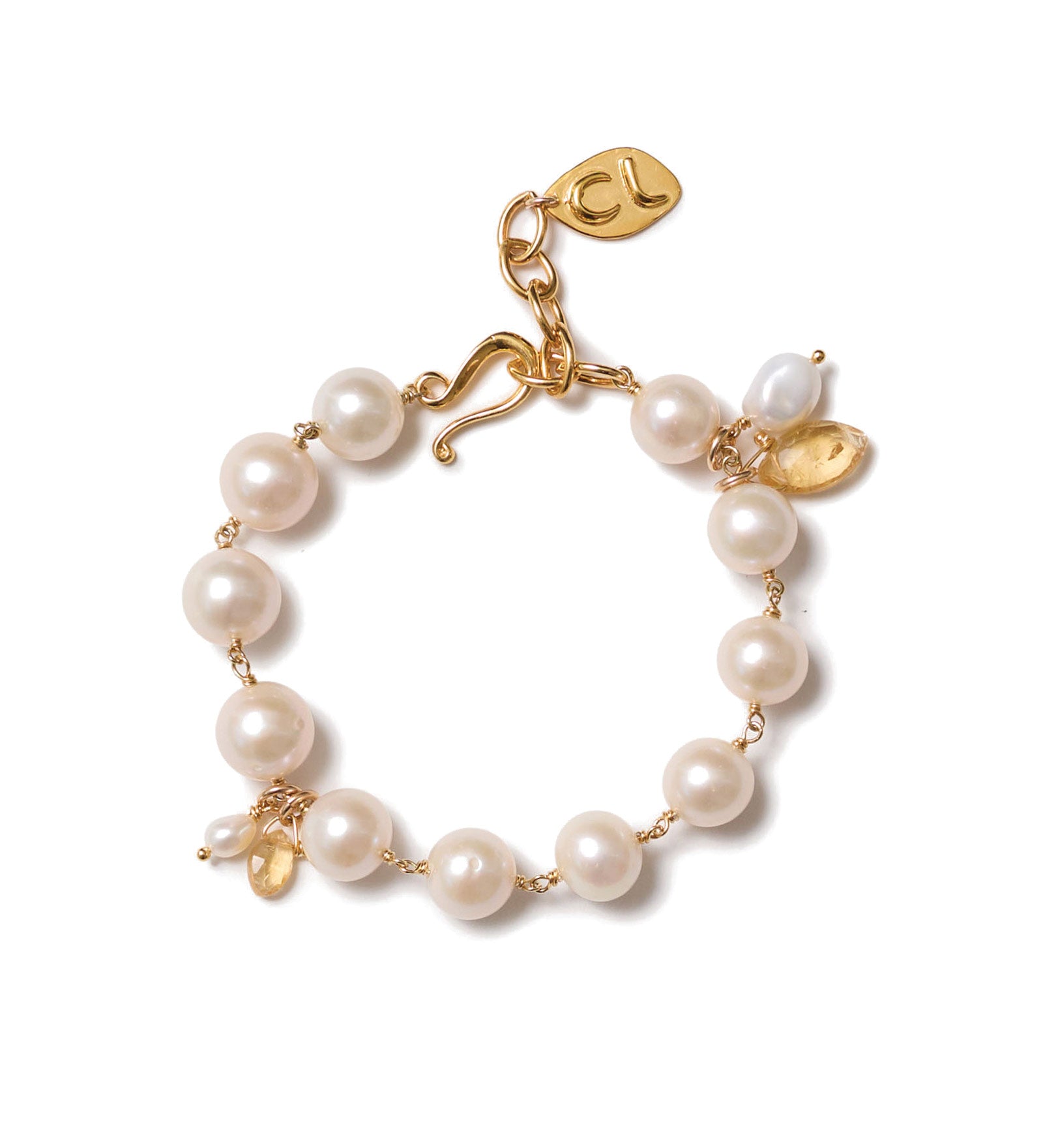 Wire Wrapped Pearl and Stone Bracelet 18k Gold Vermeil, Freshwater Pearl, Citrine