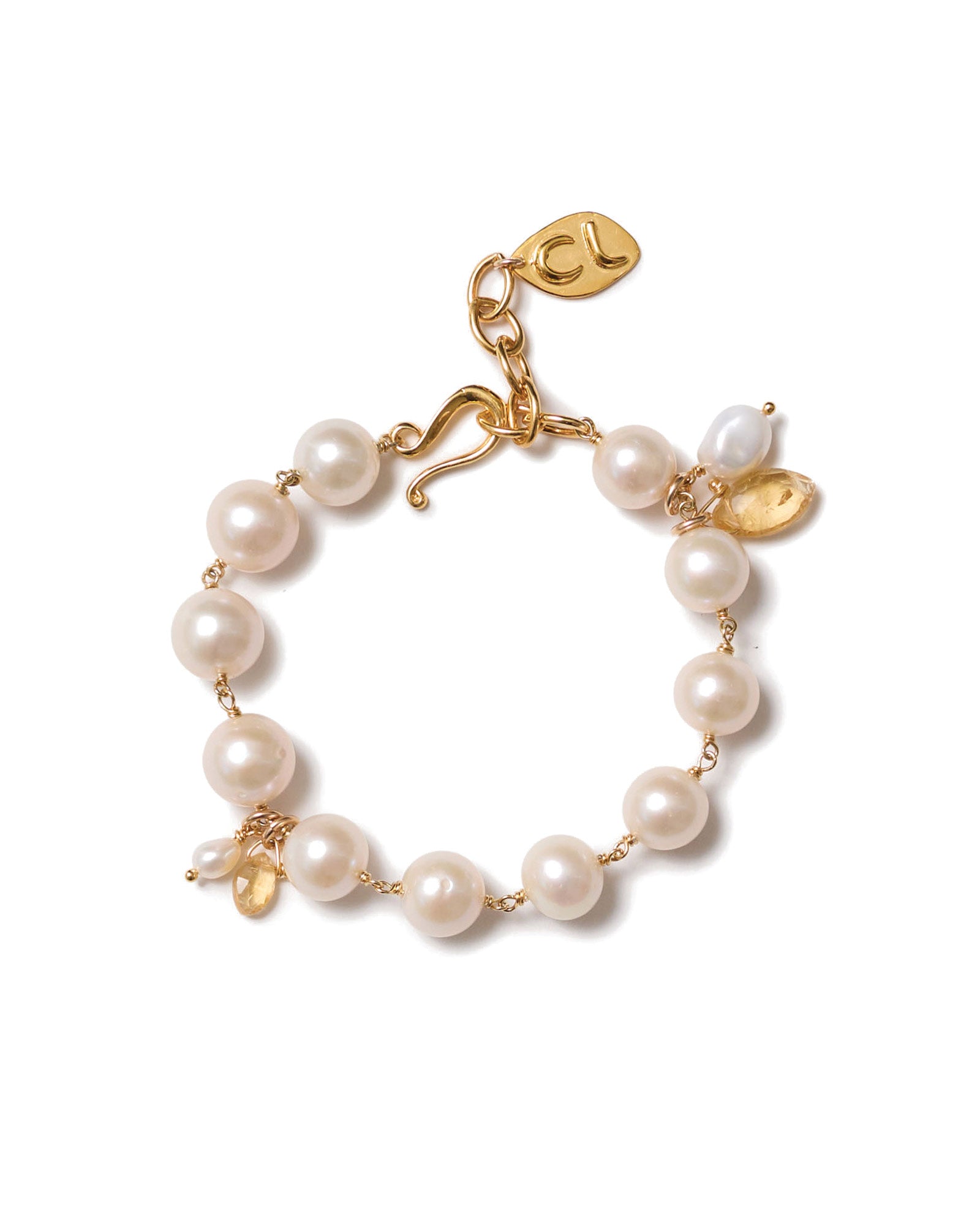 Wire Wrapped Pearl and Stone Bracelet 18k Gold Vermeil, Freshwater Pearl, Citrine