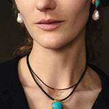 Oval Stone Cord Necklace 18k Gold Vermeil, Turquoise, Leather