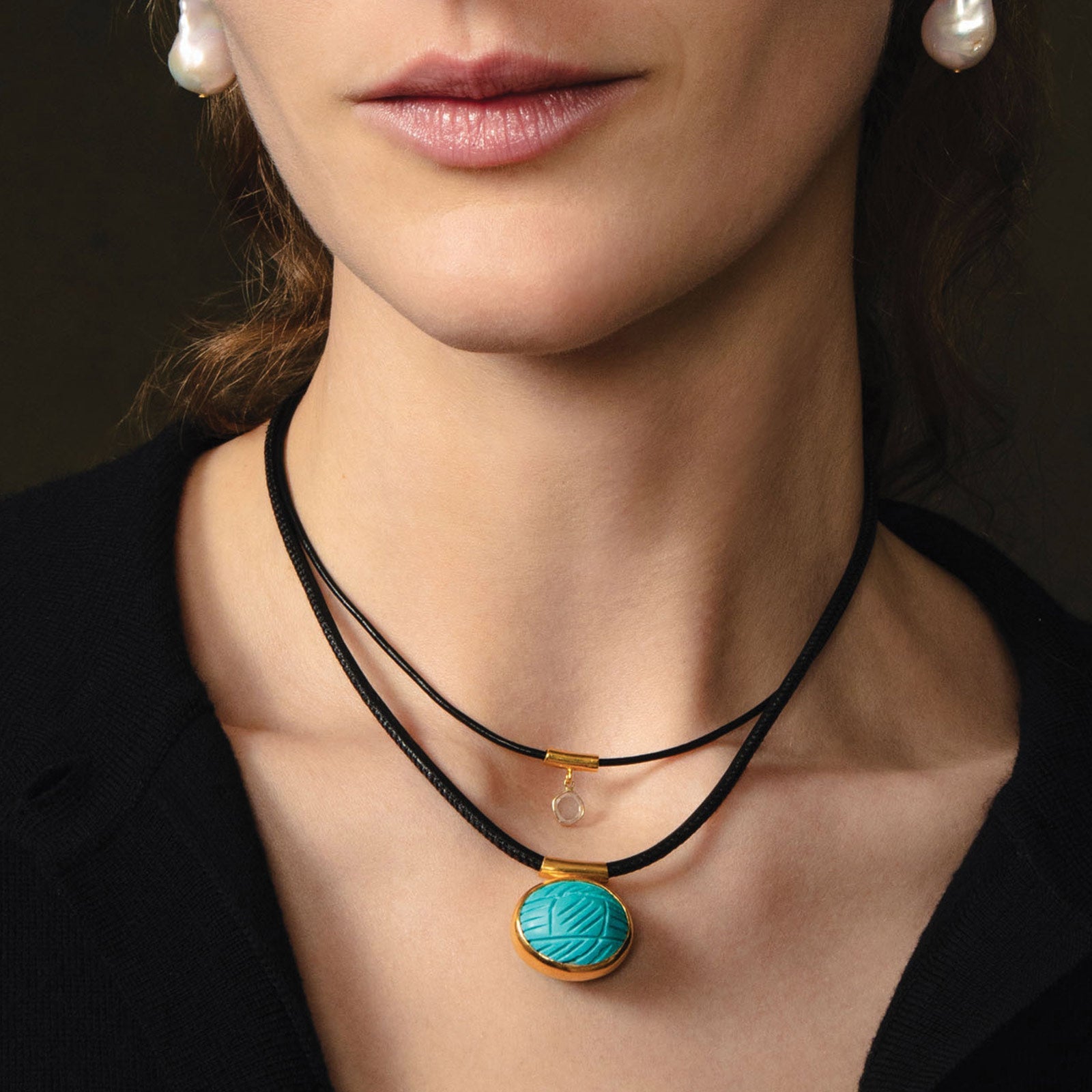 Oval Stone Cord Necklace 18k Gold Vermeil, Turquoise, Leather