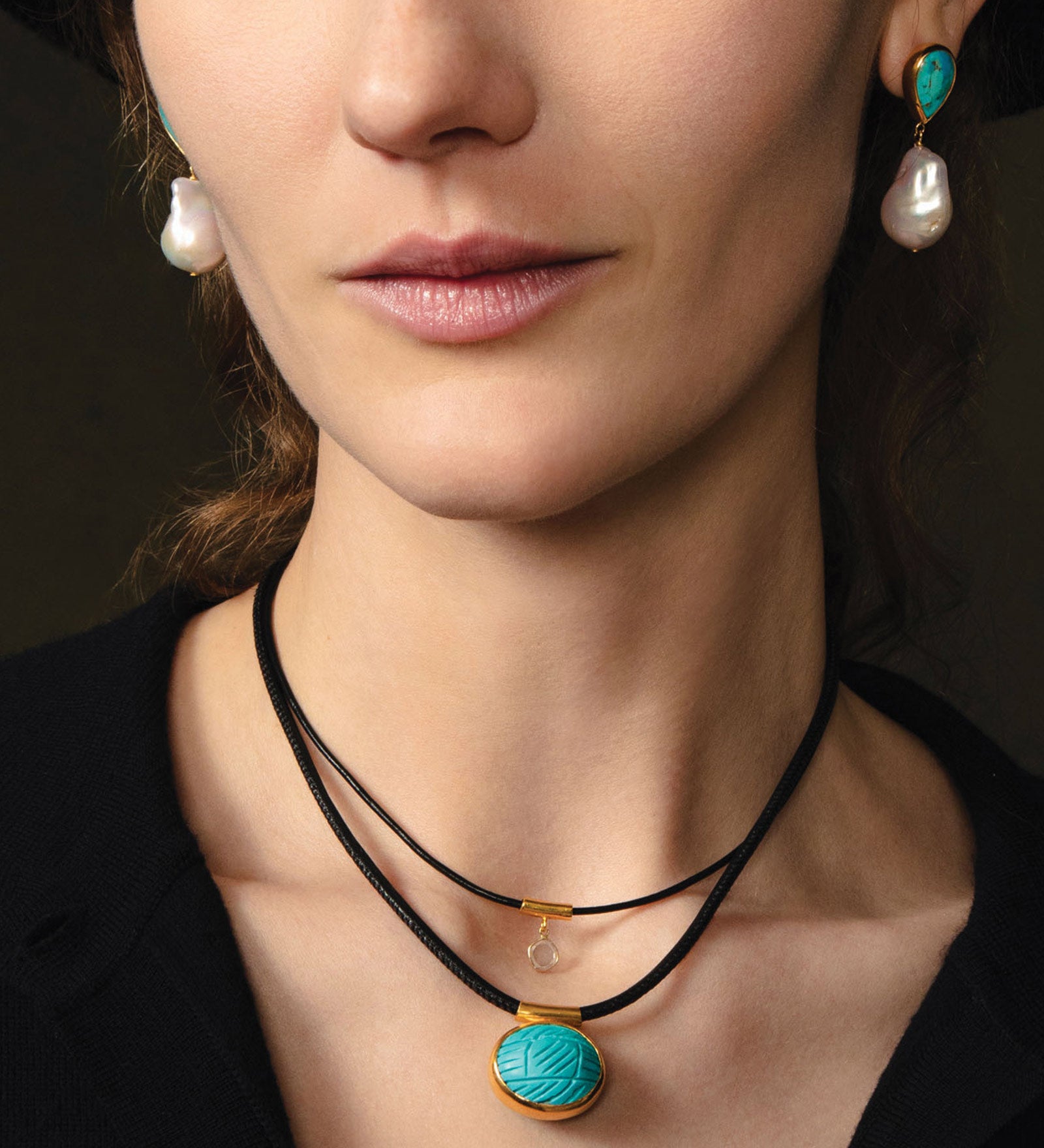 Oval Stone Cord Necklace 18k Gold Vermeil, Turquoise, Leather