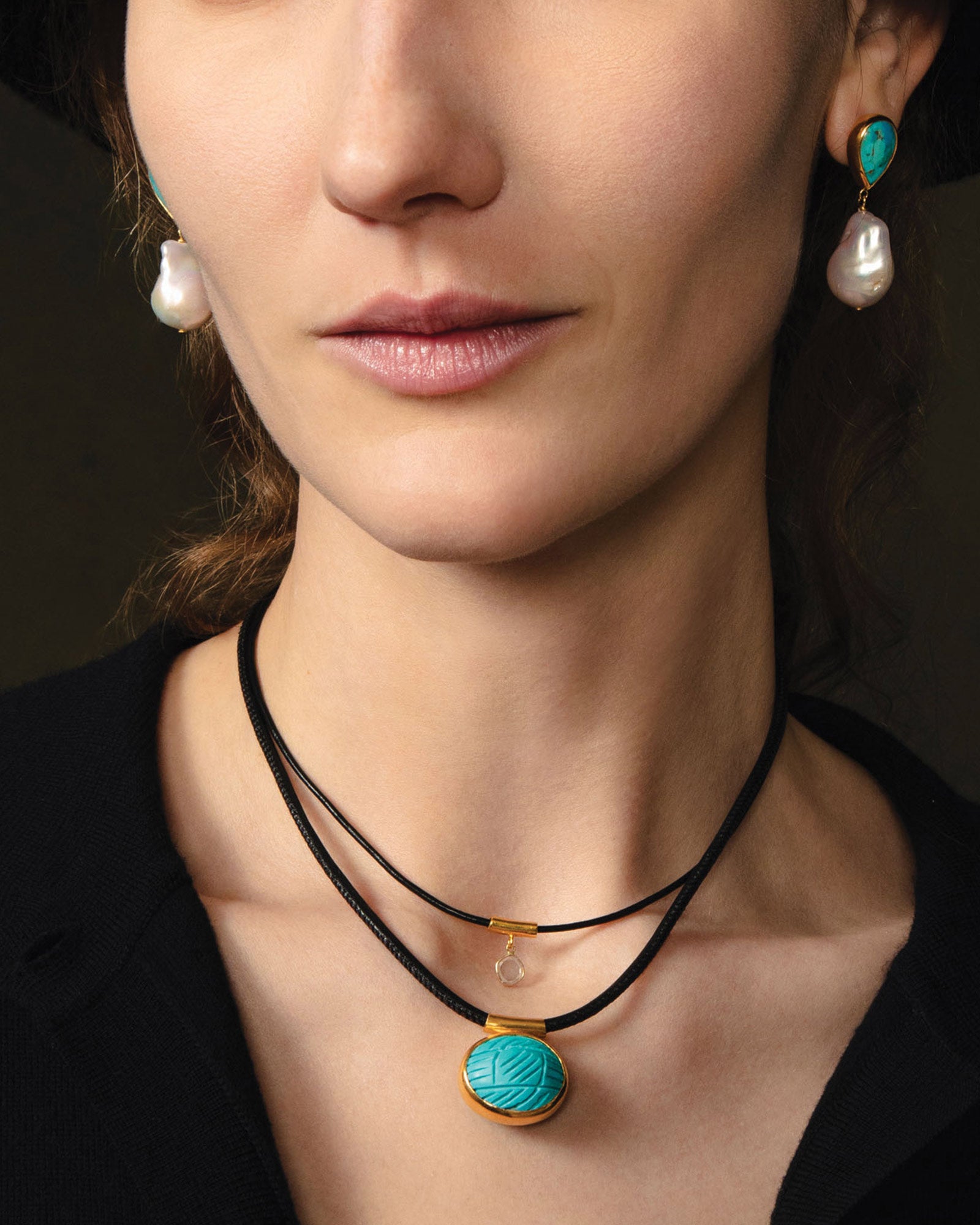 Oval Stone Cord Necklace 18k Gold Vermeil, Turquoise, Leather