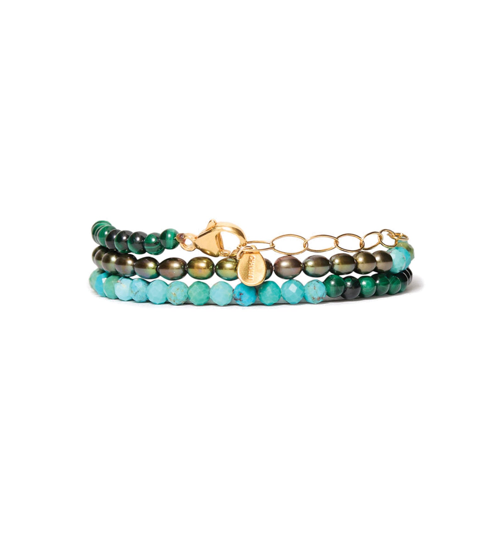 3 Wrap Stone Bracelet 18k Gold Vermeil, Turquoise, Malachite, Pearl