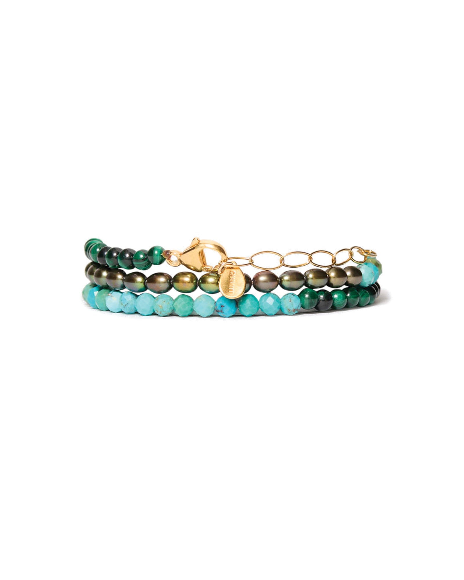 3 Wrap Stone Bracelet 18k Gold Vermeil, Turquoise, Malachite, Pearl
