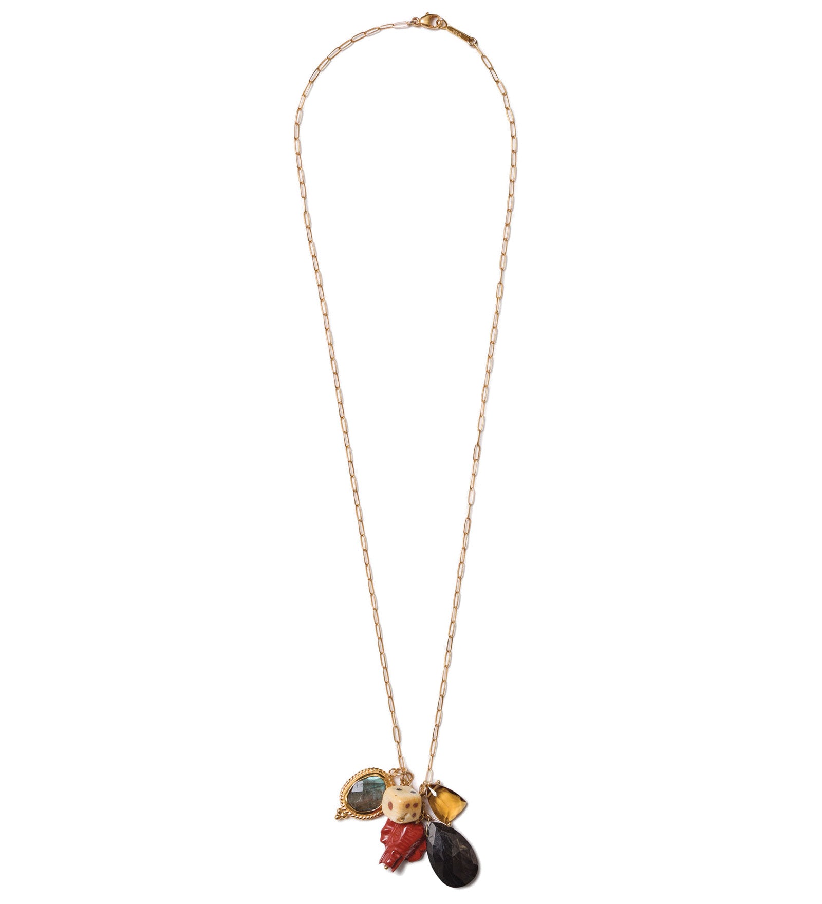 Elephant Charm Necklace 18k Gold Vermeil, Labradorite, Hypersthene, Whiskey Quartz