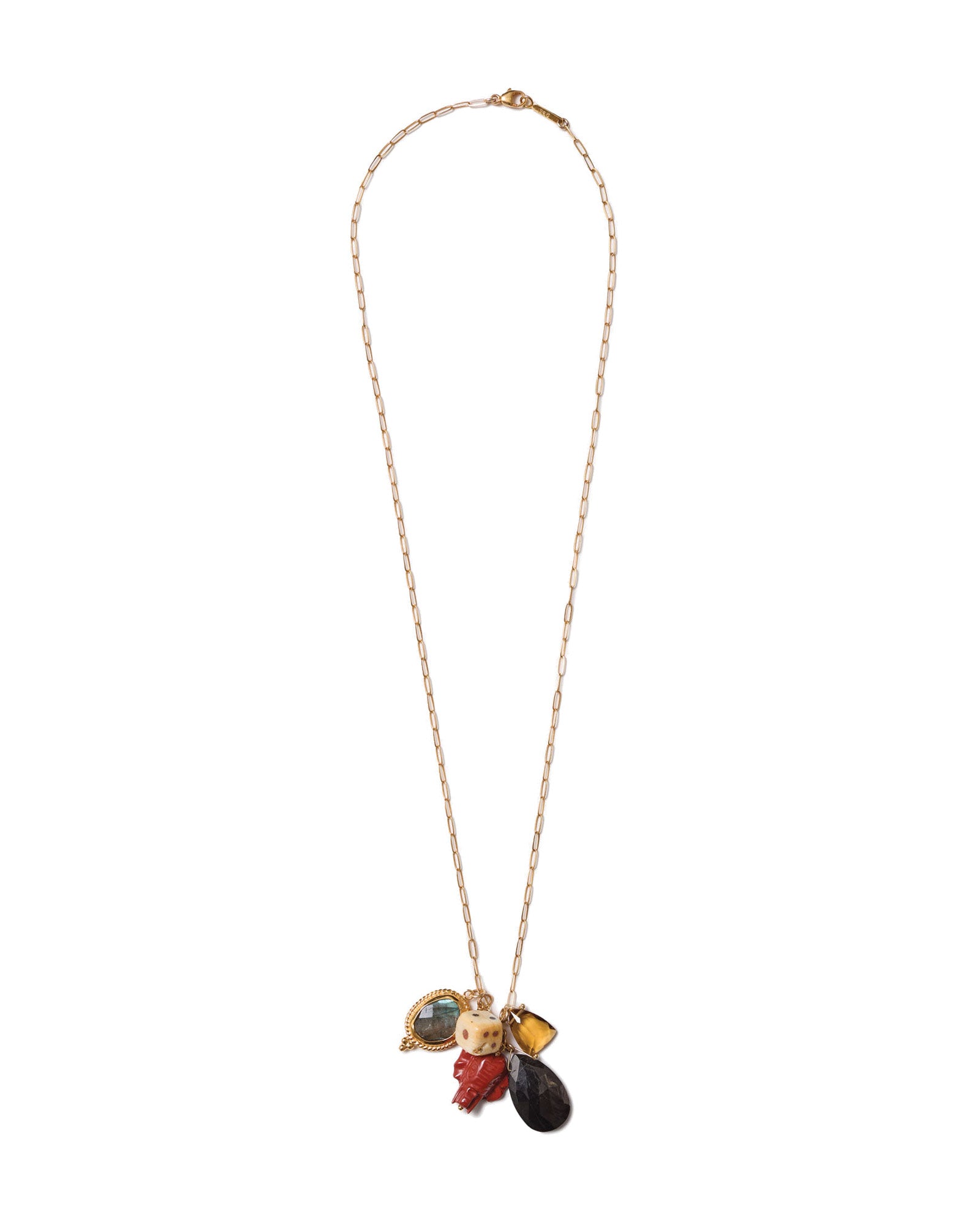Elephant Charm Necklace 18k Gold Vermeil, Labradorite, Hypersthene, Whiskey Quartz