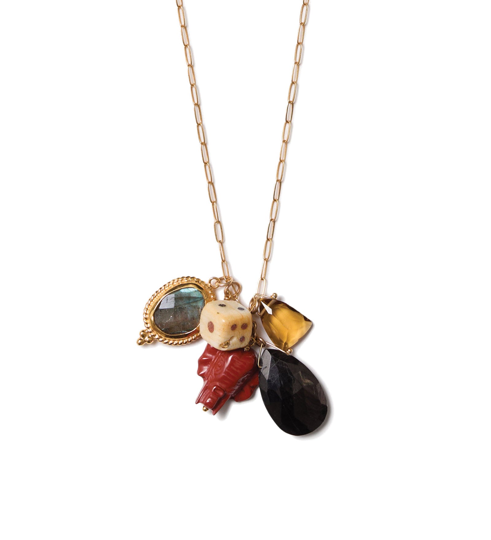 Elephant Charm Necklace 18k Gold Vermeil, Labradorite, Hypersthene, Whiskey Quartz