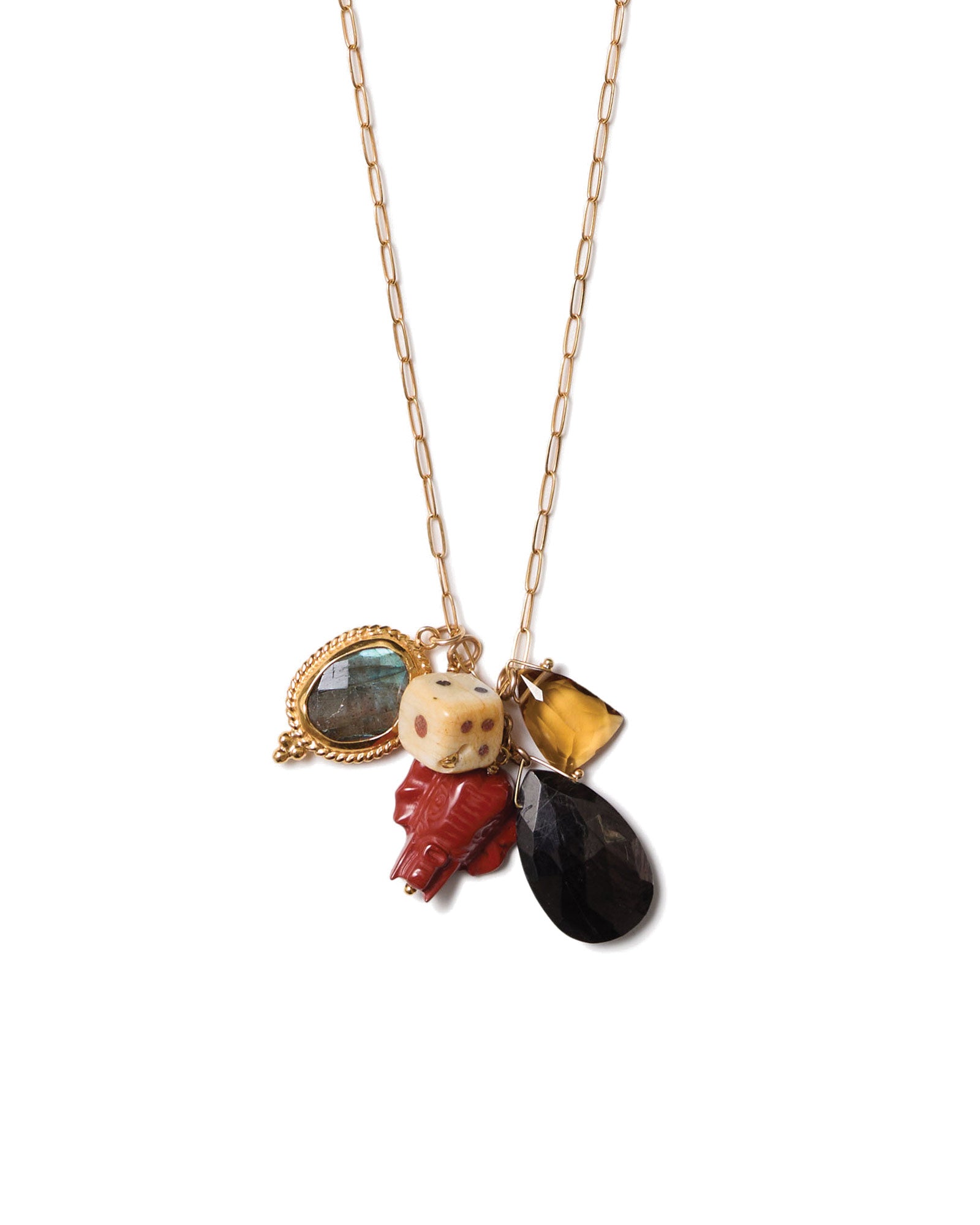 Elephant Charm Necklace 18k Gold Vermeil, Labradorite, Hypersthene, Whiskey Quartz