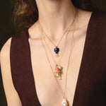 Fish & Buddha Charm Necklace 18k Gold Vermeil, Amethyst, Baroque Pearl, Labradorite
