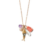 Fish & Buddha Charm Necklace 18k Gold Vermeil, Amethyst, Baroque Pearl, Labradorite
