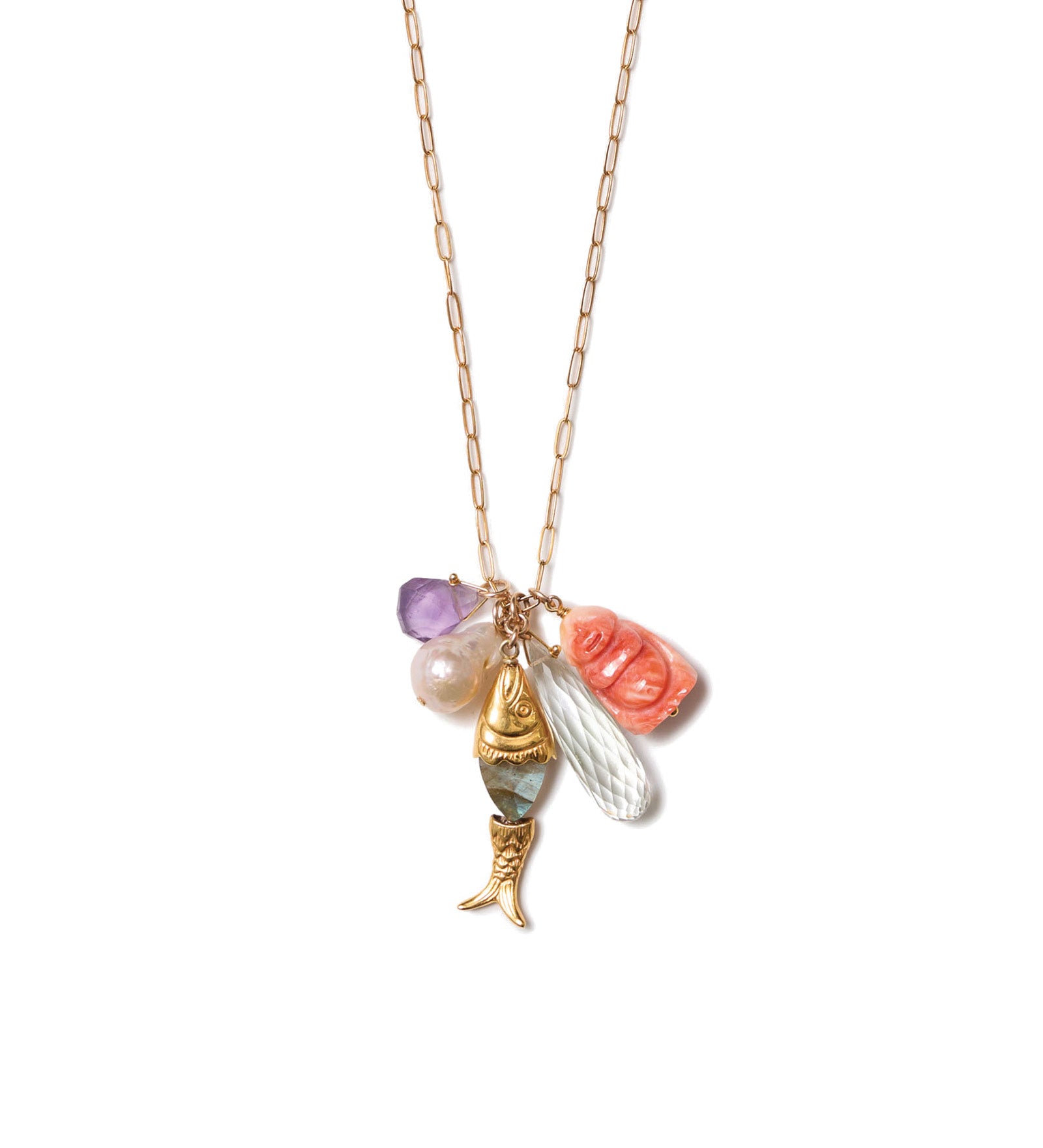 Fish & Buddha Charm Necklace 18k Gold Vermeil, Amethyst, Baroque Pearl, Labradorite