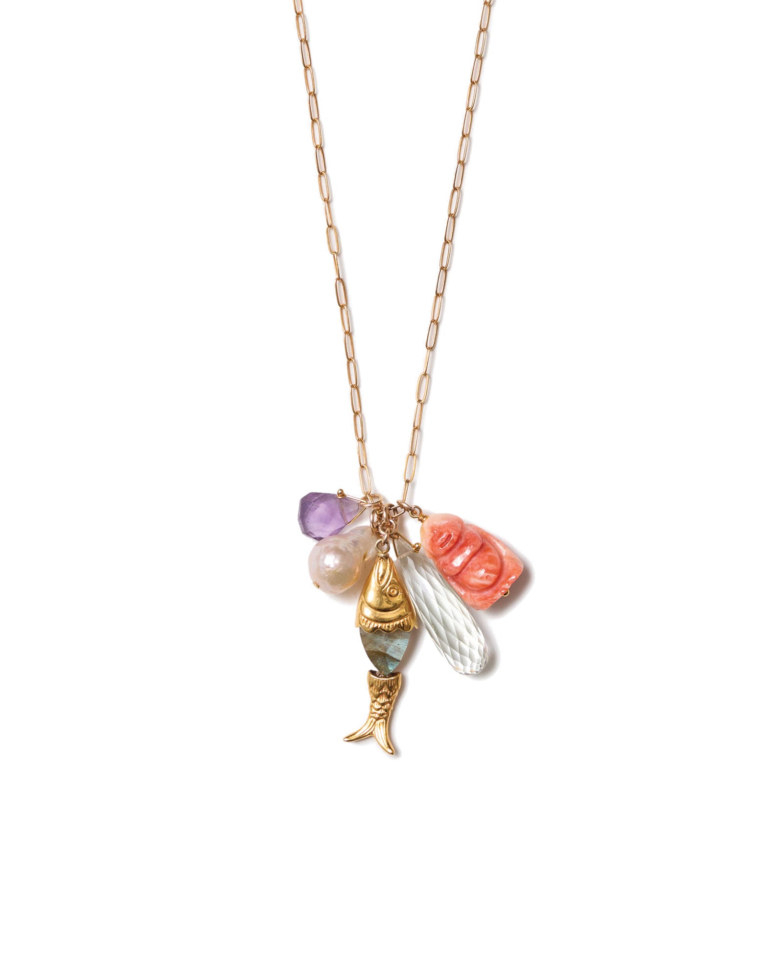Fish & Buddha Charm Necklace 18k Gold Vermeil, Amethyst, Baroque Pearl, Labradorite