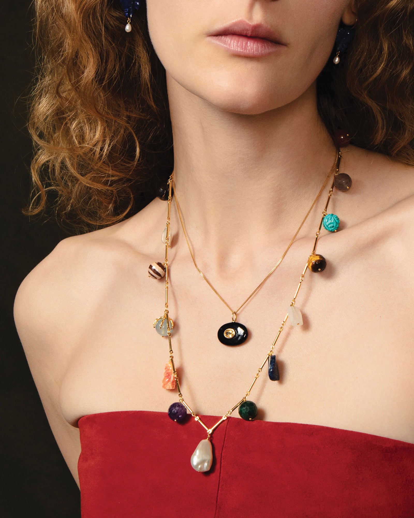 Mixed Stone Charm Necklace 18k Gold Plated, Pearl, Aquamarine, Turquoise