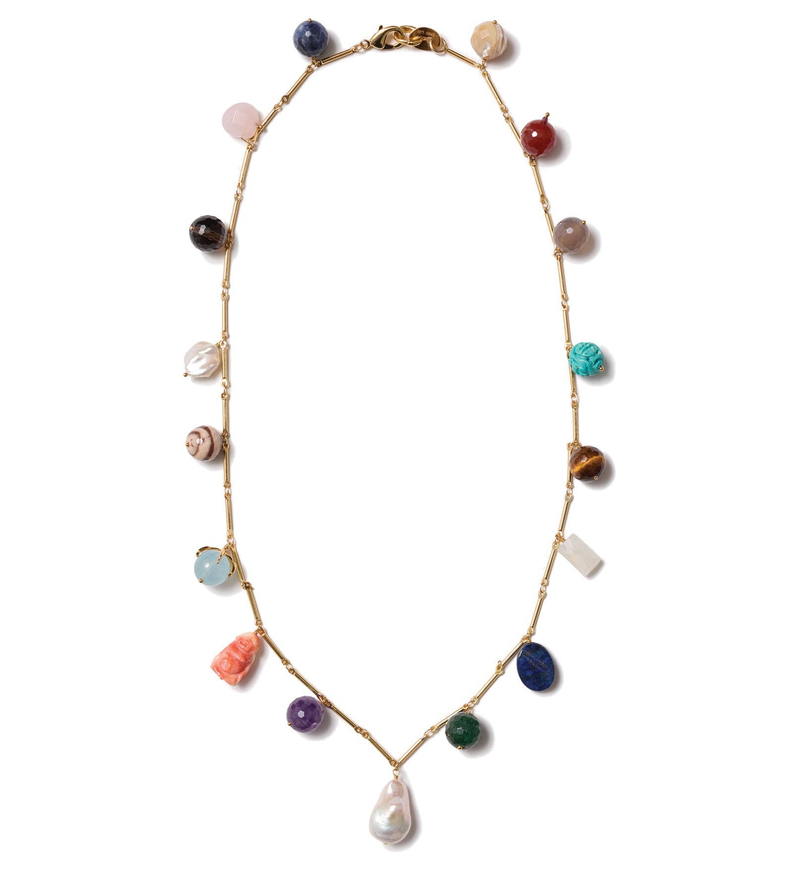 Mixed Stone Charm Necklace 18k Gold Plated, Pearl, Aquamarine, Turquoise