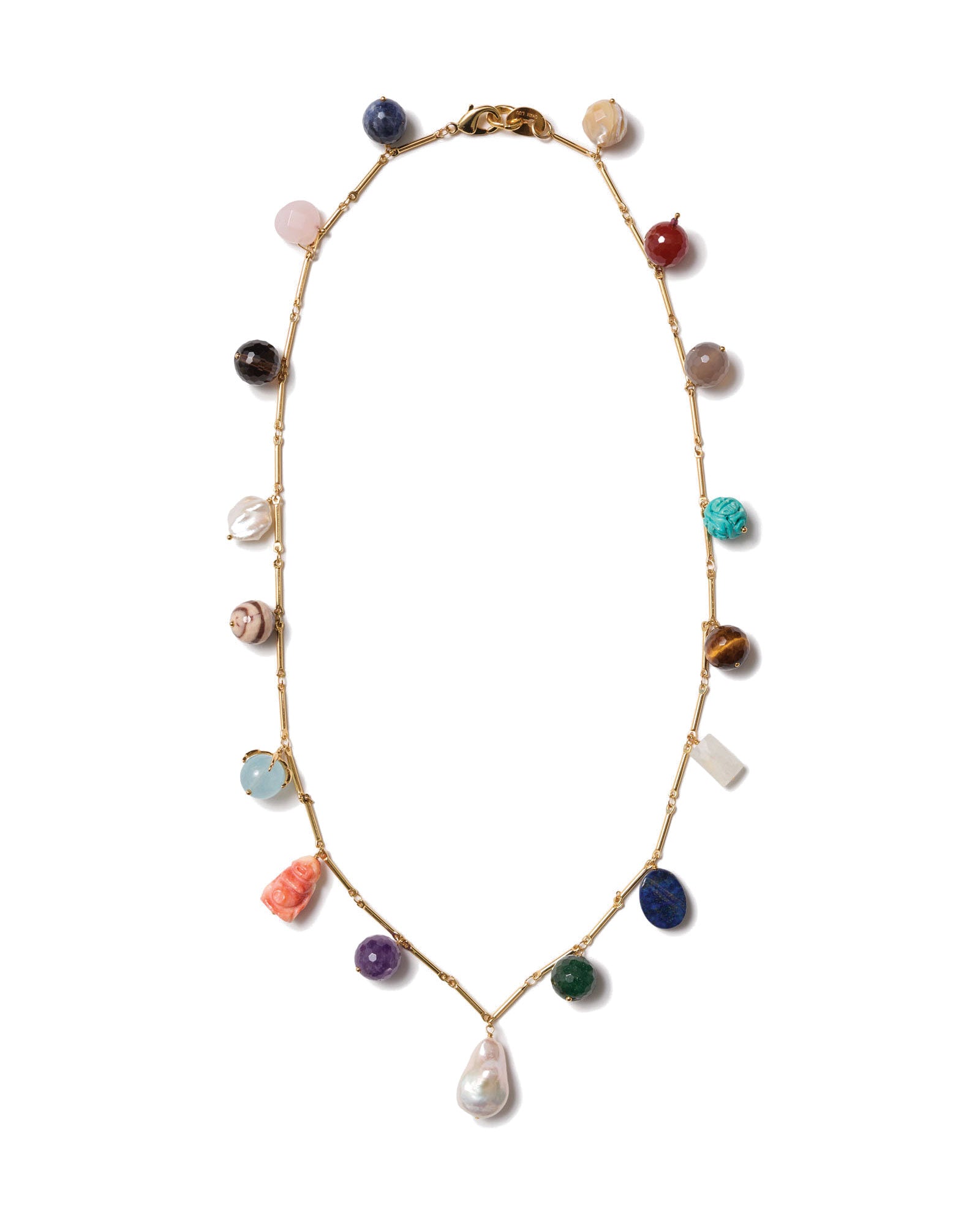 Mixed Stone Charm Necklace 18k Gold Plated, Pearl, Aquamarine, Turquoise