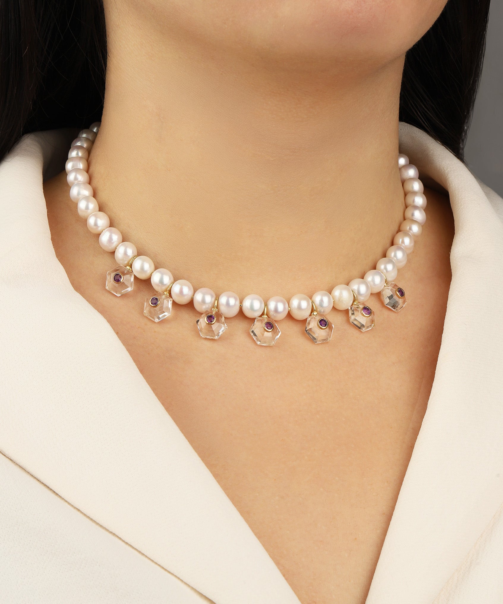 Chan Luu-Seven Hexagon Inlay Pearl Necklace-Necklaces-Blue Ruby Jewellery-Vancouver Canada