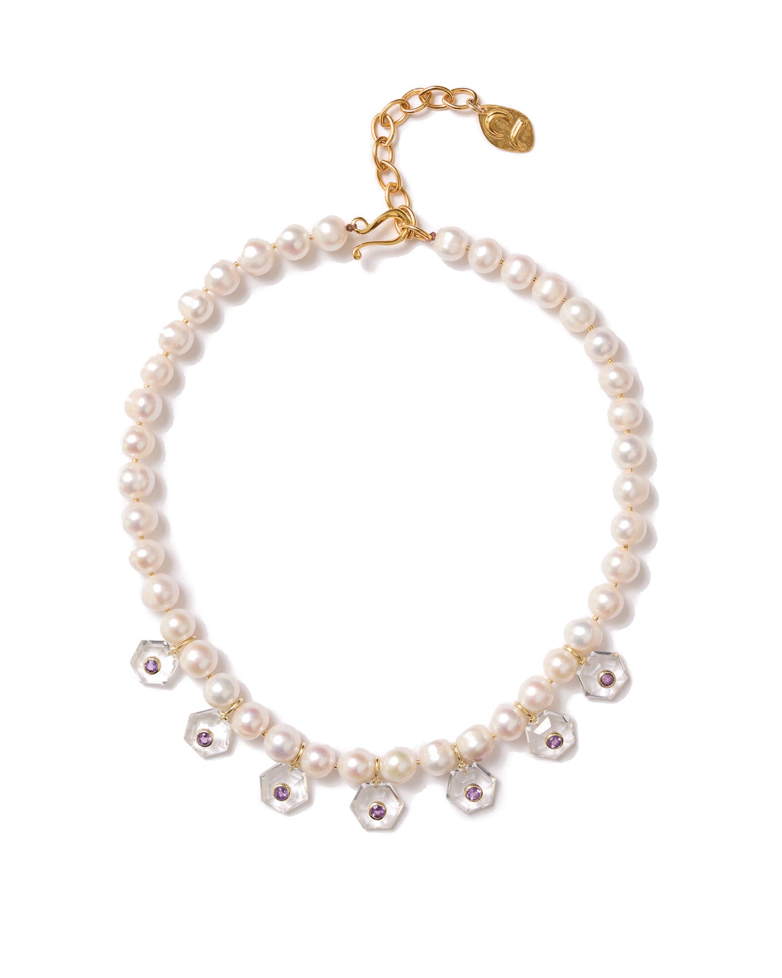 Seven Pendant Pearl Necklace 18k Gold Vermeil, Freshwater Pearl, Quartz