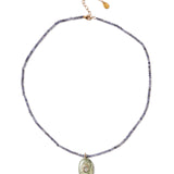 Oval Stone Inlay Necklace 18k Gold Vermeil, Phrenite, White Topaz, Iolite