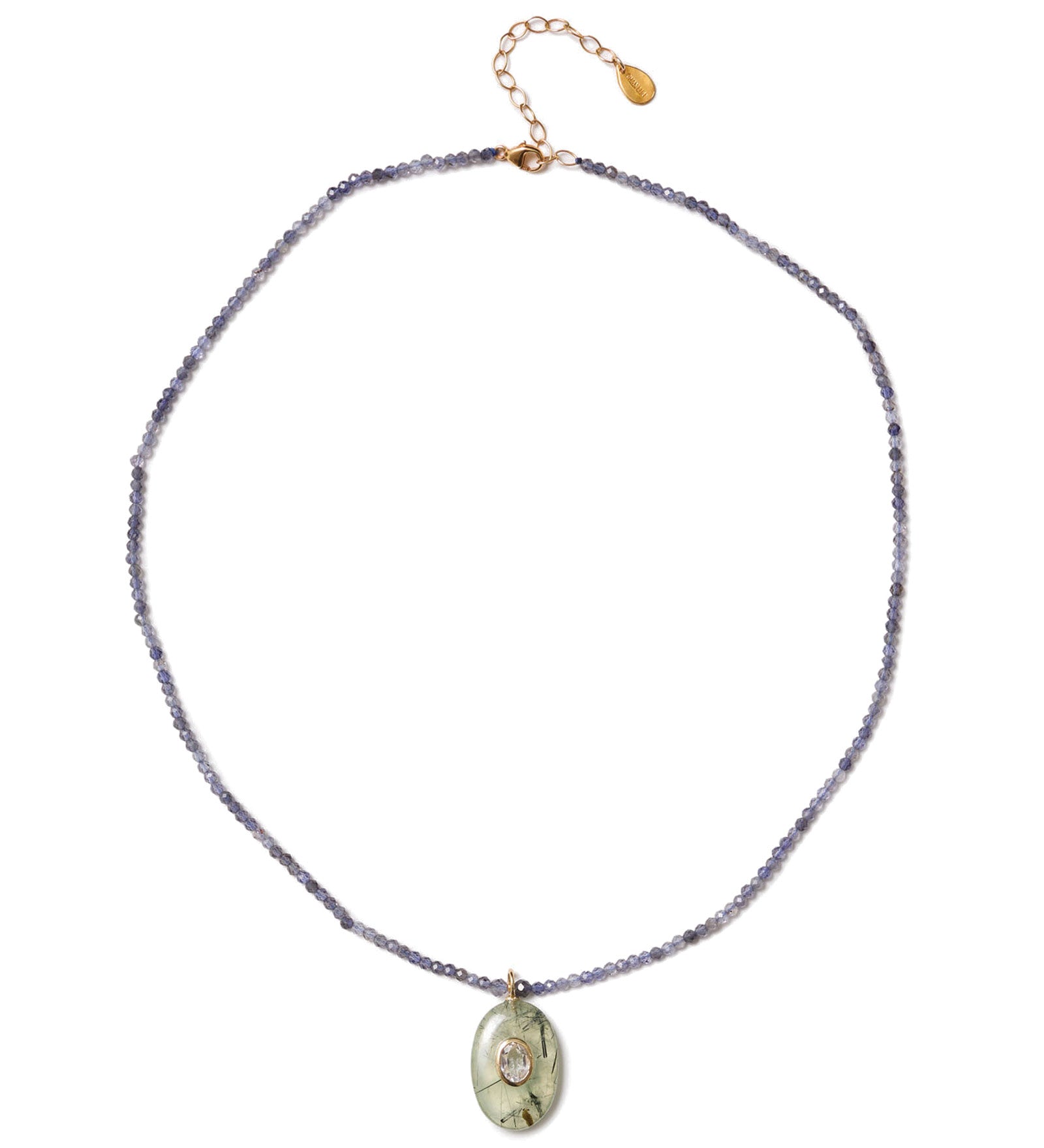 Oval Stone Inlay Necklace 18k Gold Vermeil, Phrenite, White Topaz, Iolite