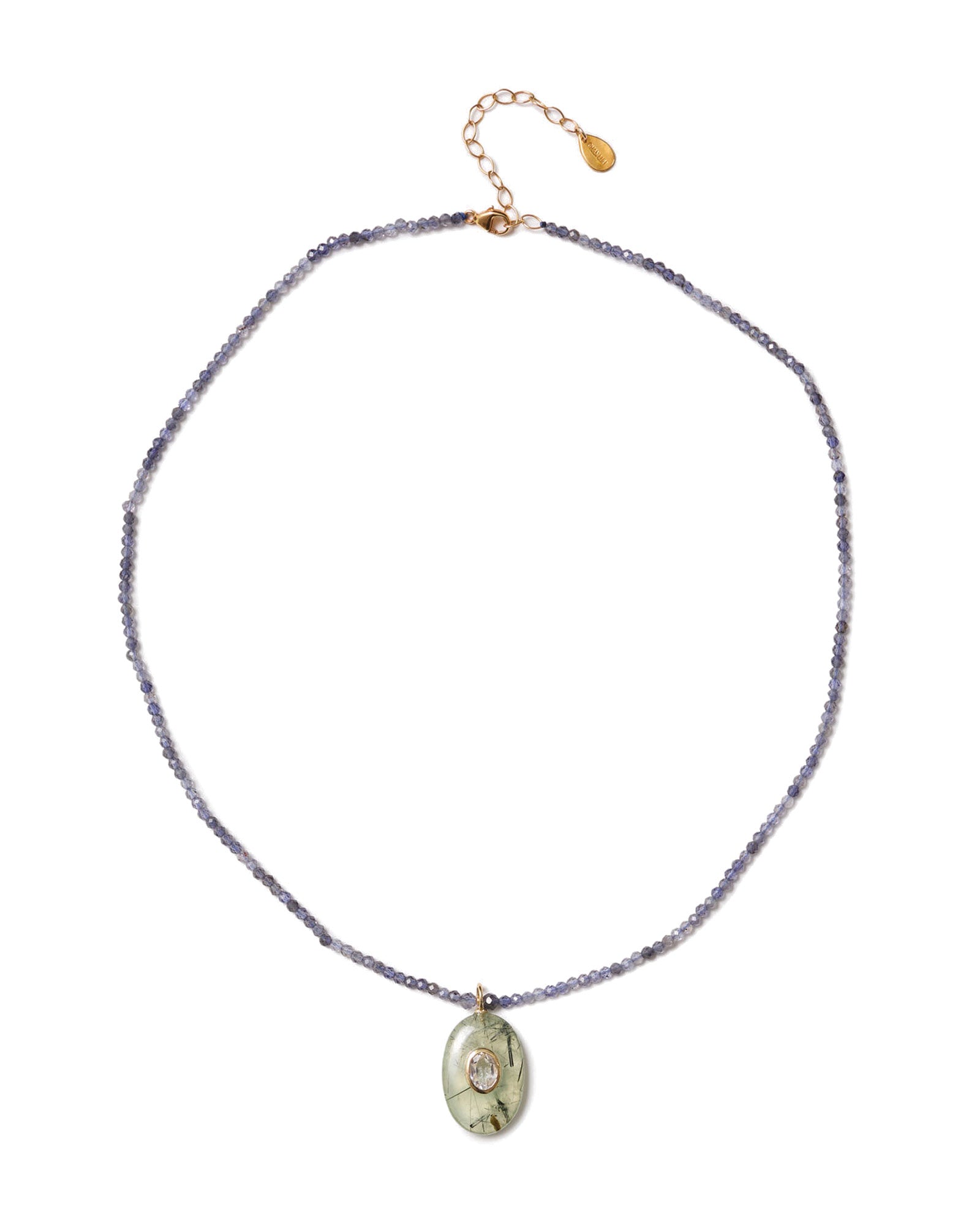 Oval Stone Inlay Necklace 18k Gold Vermeil, Phrenite, White Topaz, Iolite