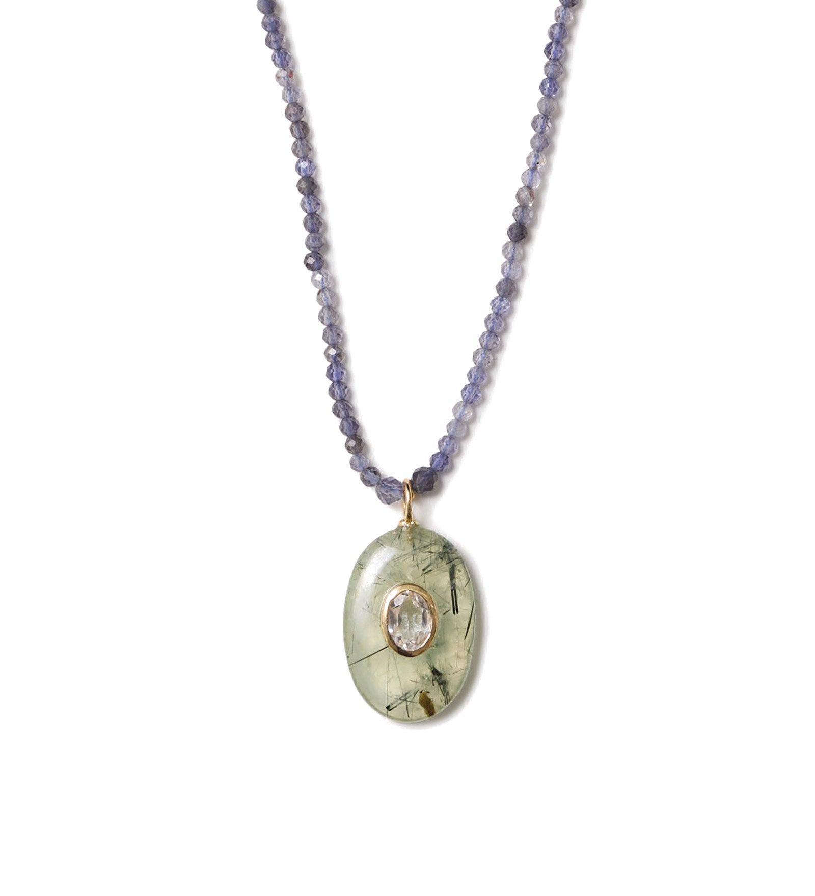 Oval Stone Inlay Necklace 18k Gold Vermeil, Phrenite, White Topaz, Iolite