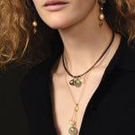 Stone Inlay & Pearl Necklace 18k Gold Vermeil, Phrenite, Smoky Quartz, Freshwater Pearl