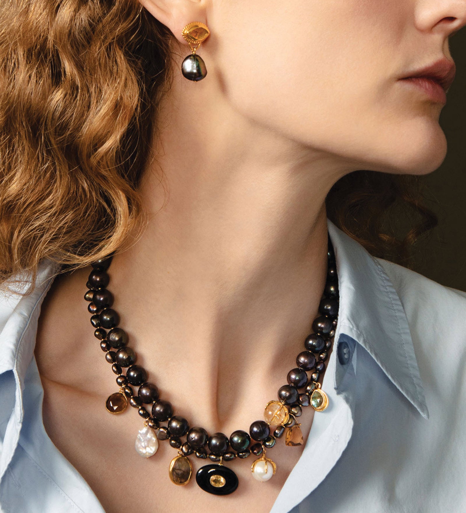 Bezel Set Seven Stone Necklace 18k Gold Vermeil, Freshwater Pearl, Quartz