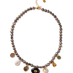 Bezel Set Seven Stone Necklace 18k Gold Vermeil, Freshwater Pearl, Quartz