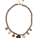 Bezel Set Seven Stone Necklace 18k Gold Vermeil, Freshwater Pearl, Quartz