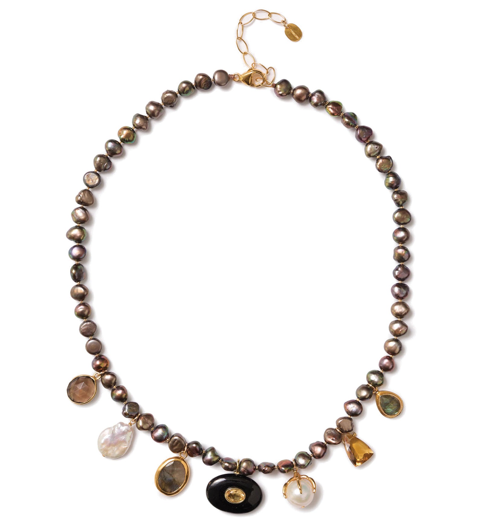 Bezel Set Seven Stone Necklace 18k Gold Vermeil, Freshwater Pearl, Quartz
