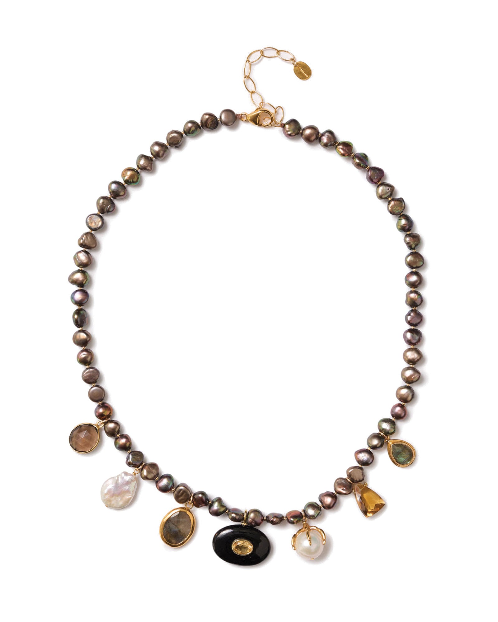 Bezel Set Seven Stone Necklace 18k Gold Vermeil, Freshwater Pearl, Quartz