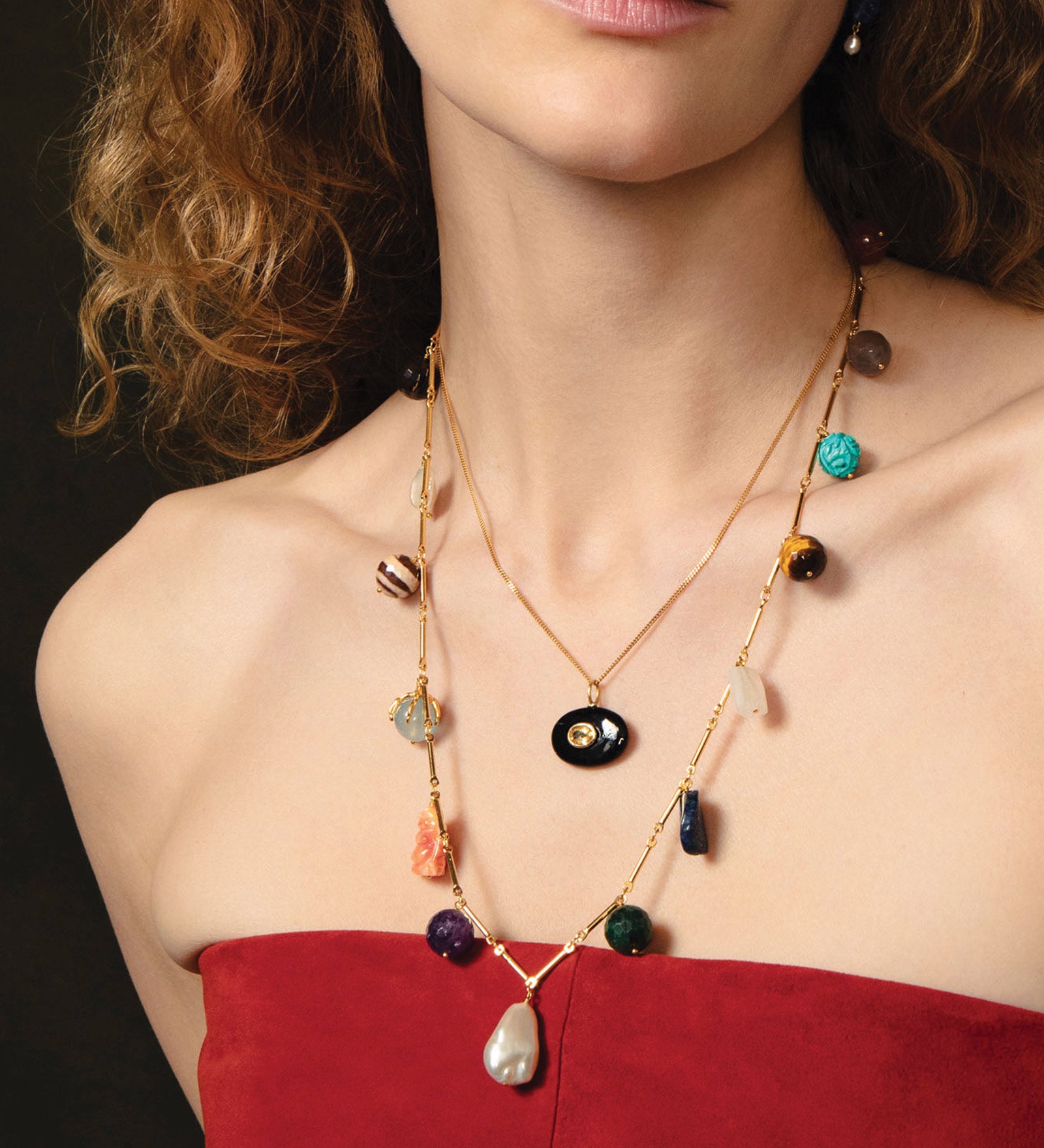 East-West Stone with Inlay Necklace 18k Gold Vermeil, Onyx, Citrine