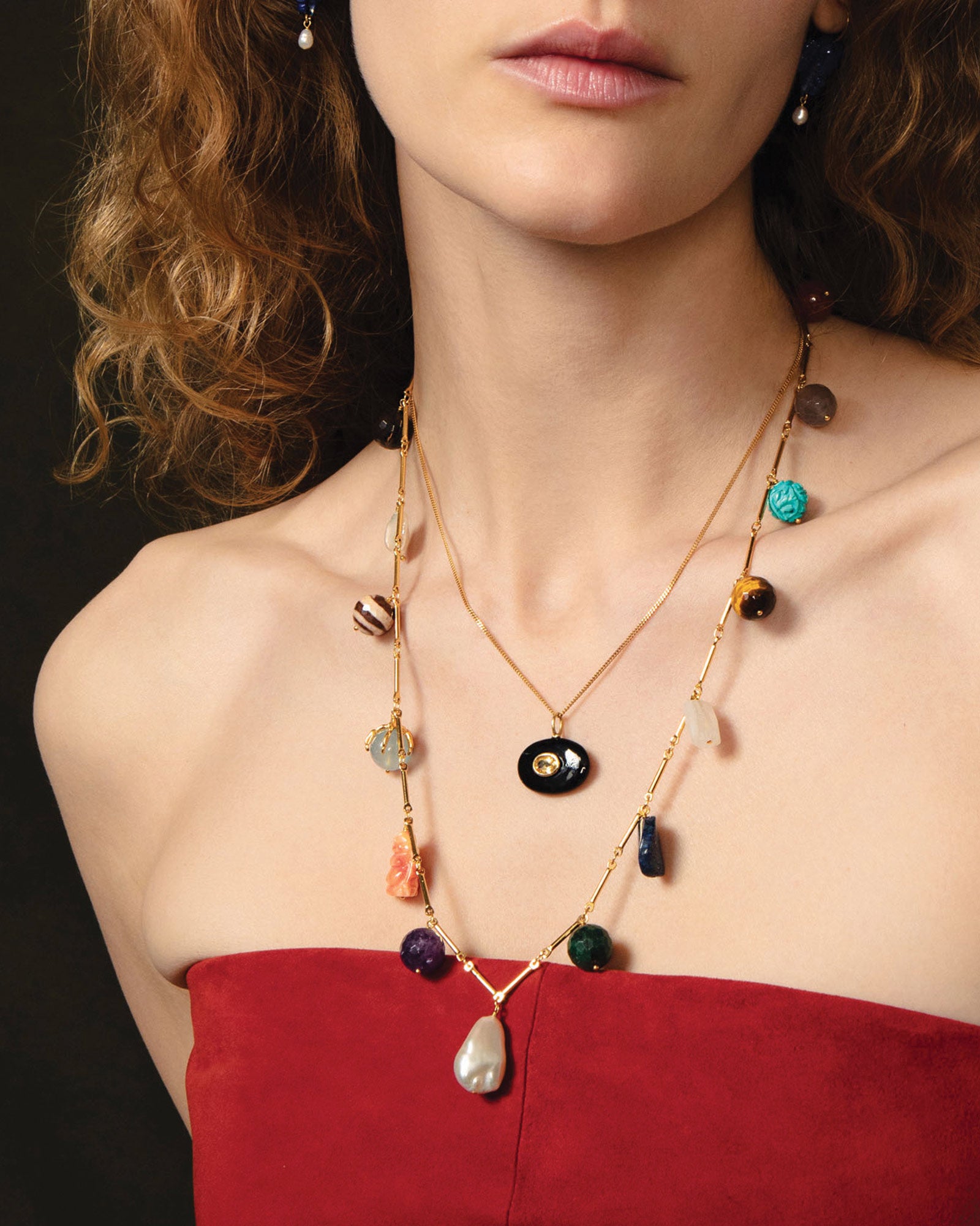 East-West Stone with Inlay Necklace 18k Gold Vermeil, Onyx, Citrine