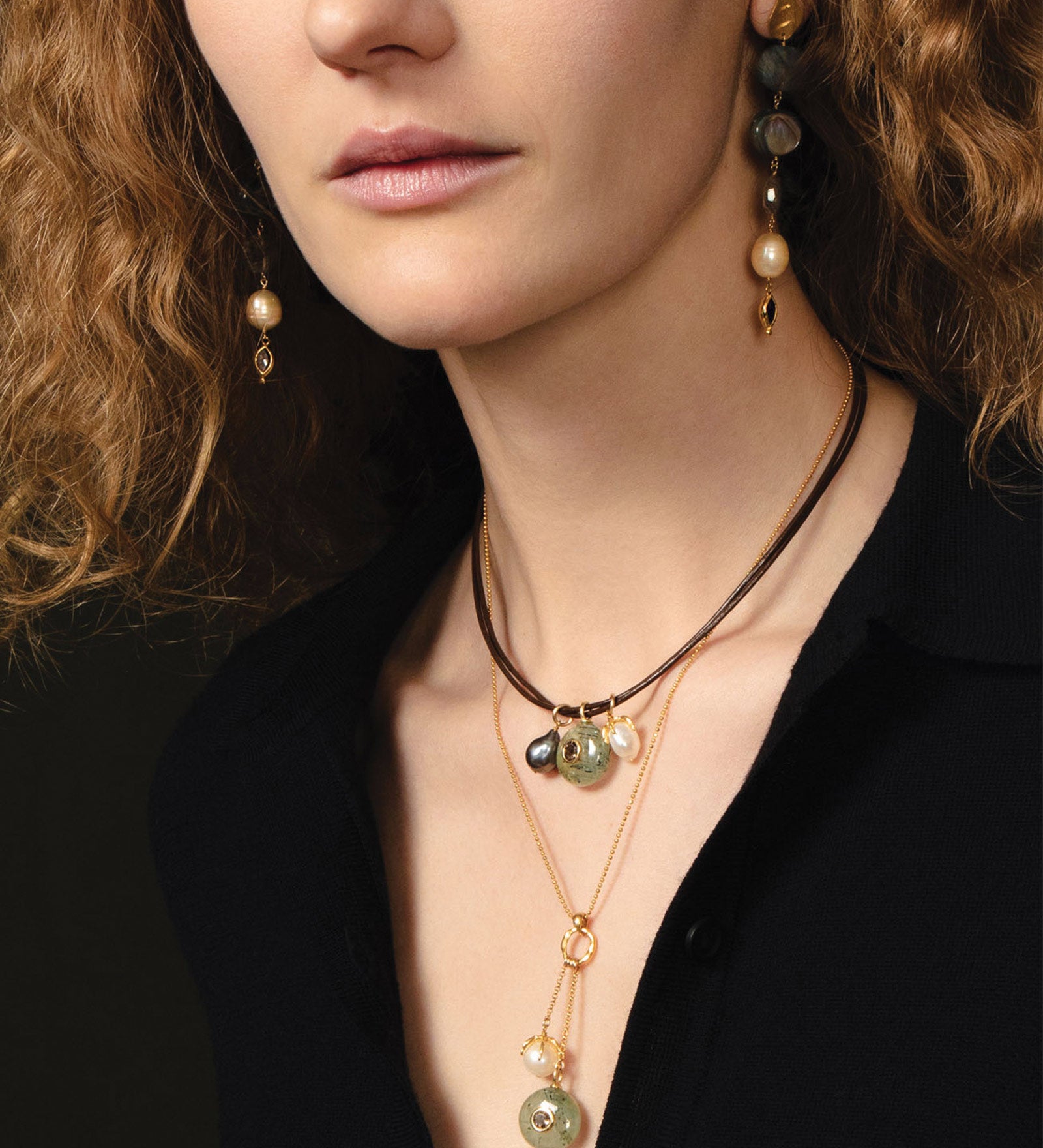 Three Charm Cord Necklace 18k Gold Vermeil, Phrenie, Smoky Quartz, Pearls