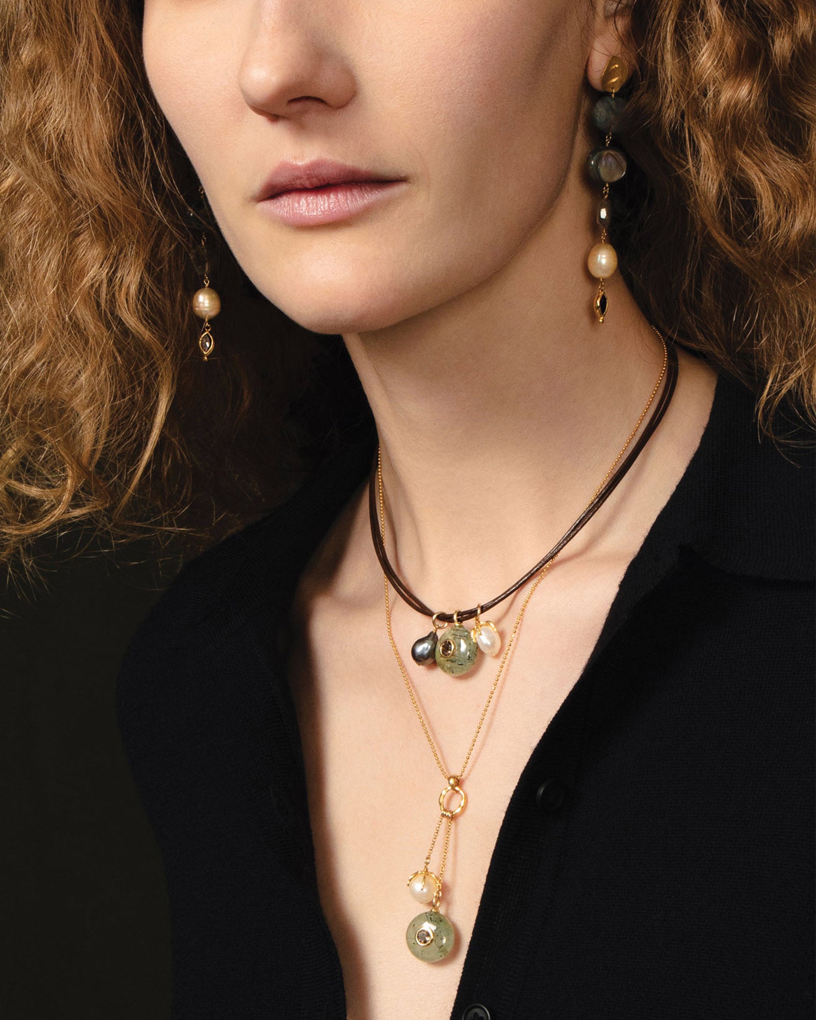 Three Charm Cord Necklace 18k Gold Vermeil, Phrenie, Smoky Quartz, Pearls