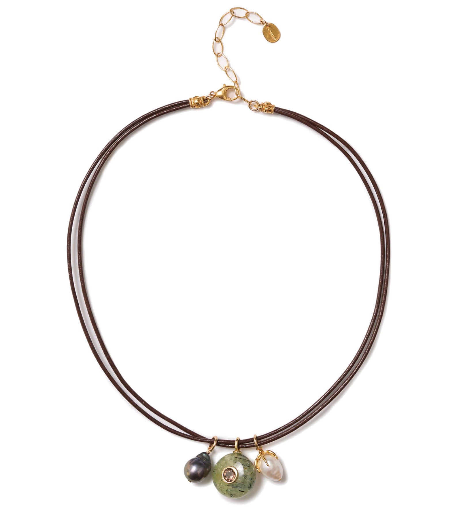 Three Charm Cord Necklace 18k Gold Vermeil, Phrenie, Smoky Quartz, Pearls