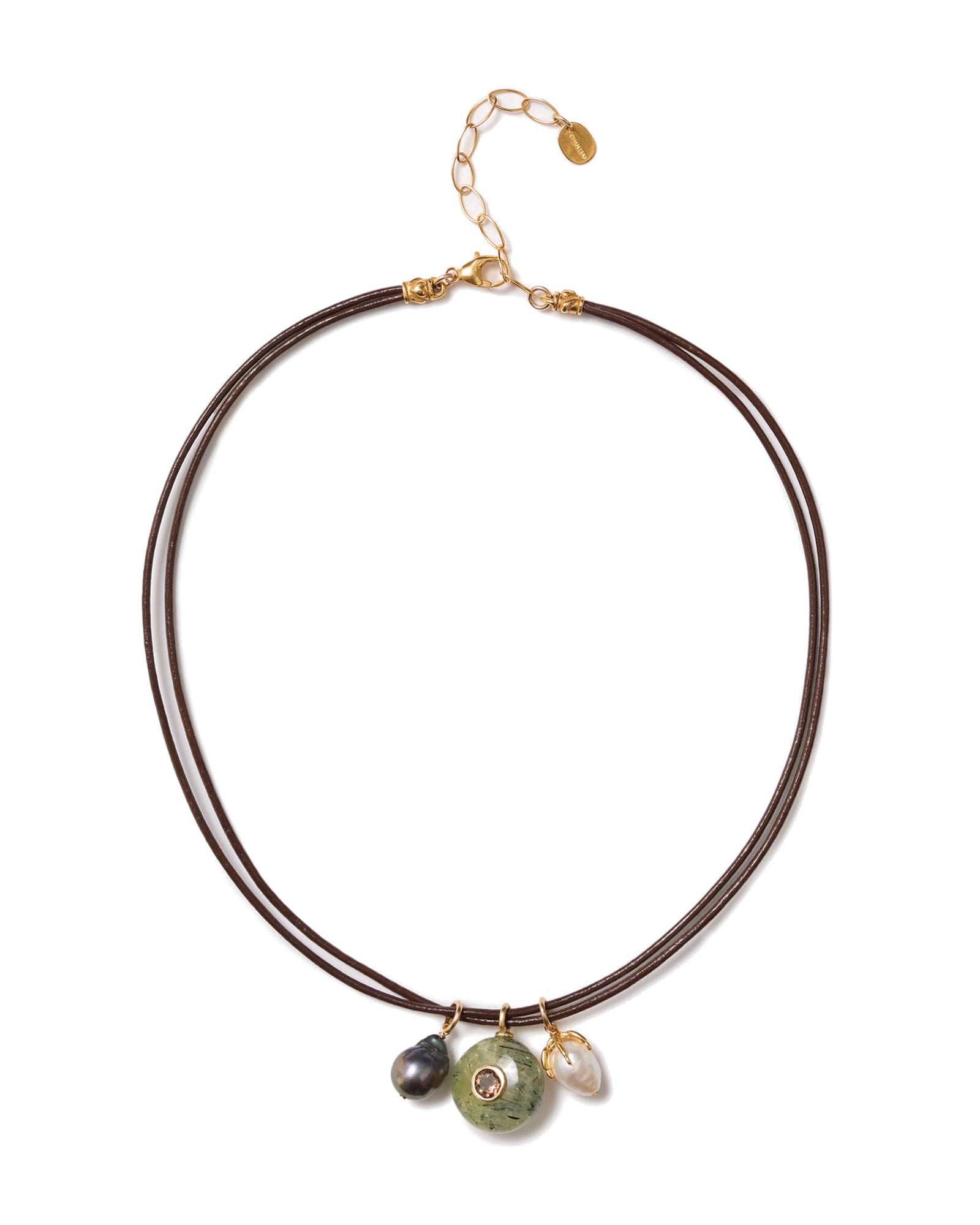 Three Charm Cord Necklace 18k Gold Vermeil, Phrenie, Smoky Quartz, Pearls