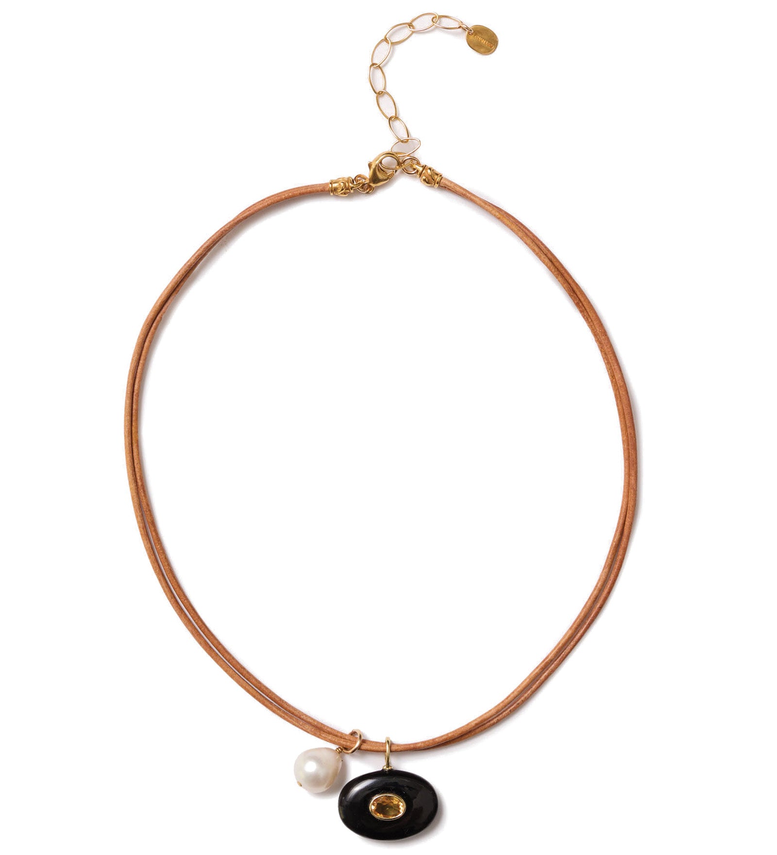 Tan Leather Two Charm Necklace 18k Gold Vermeil, Onyx, Citrine