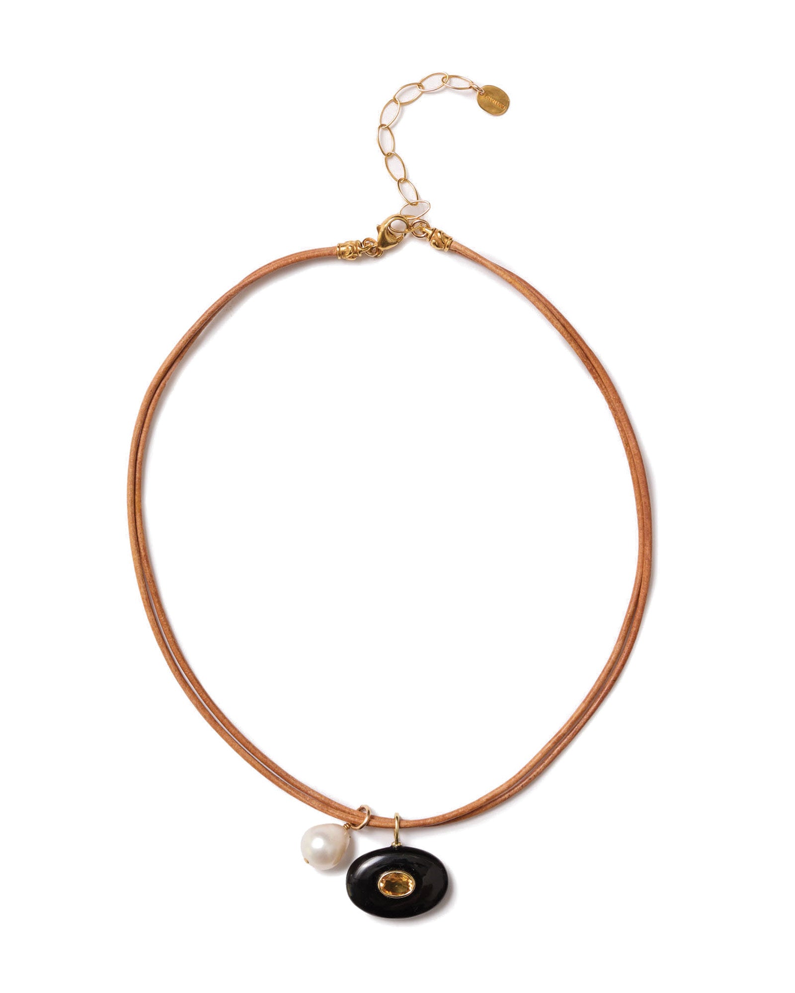 Tan Leather Two Charm Necklace 18k Gold Vermeil, Onyx, Citrine