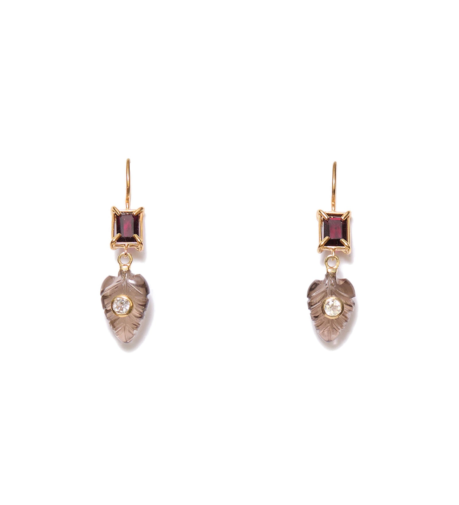 Drop Leaf Earring 18k Gold Vermeil, Garnet, Smoky Quartz