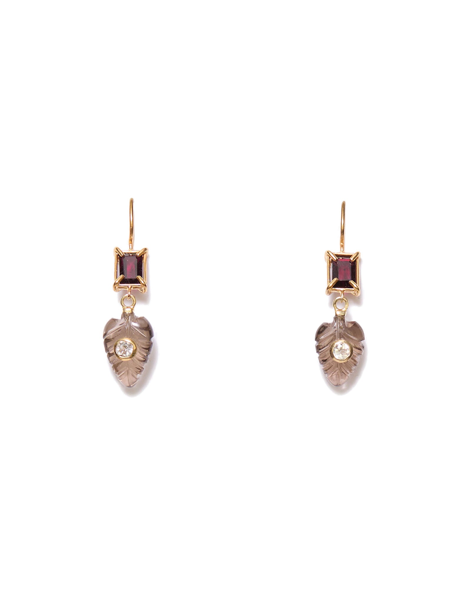 Drop Leaf Earring 18k Gold Vermeil, Garnet, Smoky Quartz