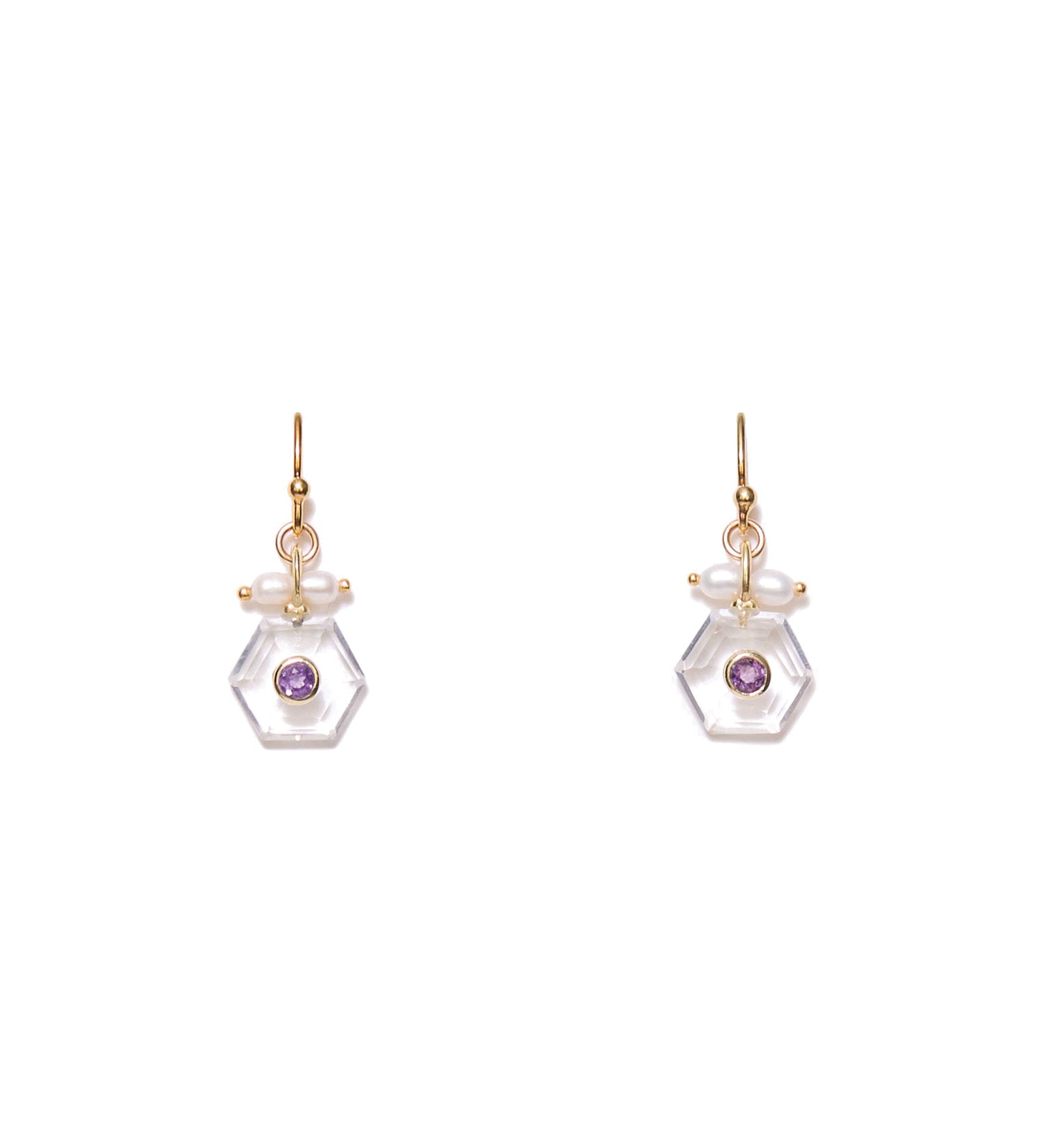 Hexagon Stone Inlay Earring 18k Gold Vermeil, Freshwater Pearl, Clear Quartz