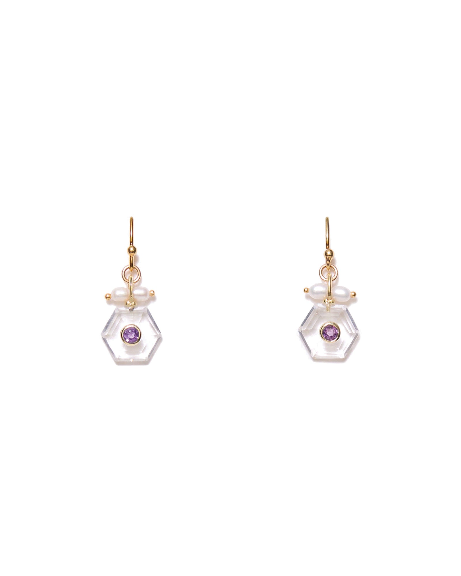 Hexagon Stone Inlay Earring 18k Gold Vermeil, Freshwater Pearl, Clear Quartz