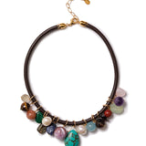 Mix Stone Leather Cord Necklace 18k Gold Vermeil, Malachite, Turquoise