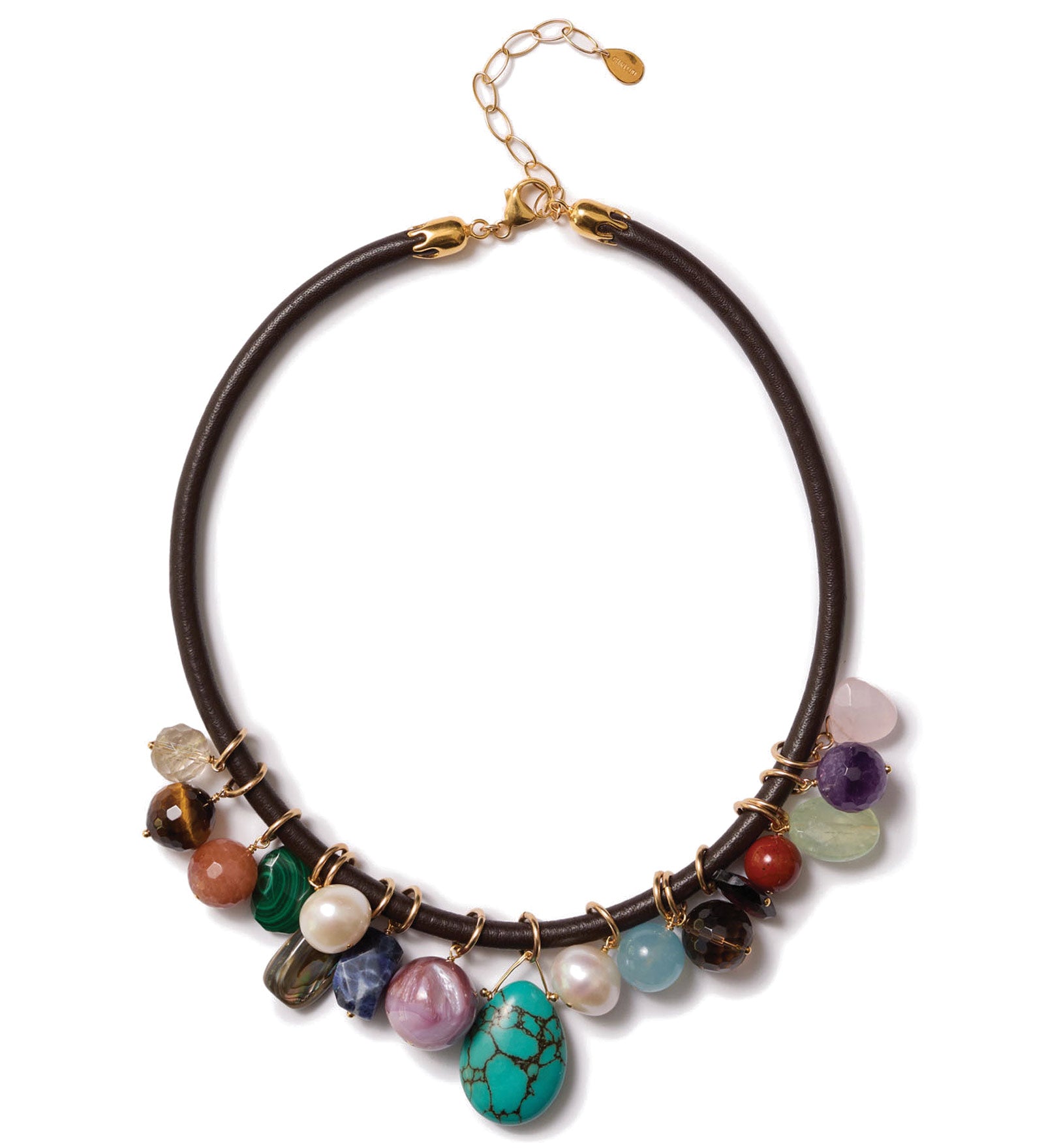 Mix Stone Leather Cord Necklace 18k Gold Vermeil, Malachite, Turquoise