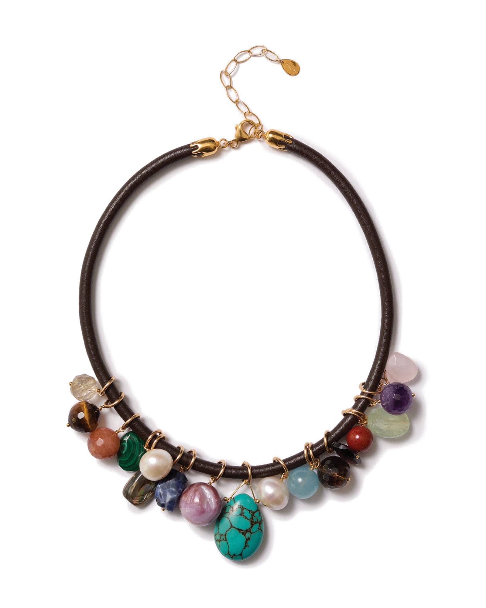 Mix Stone Leather Cord Necklace 18k Gold Vermeil, Malachite, Turquoise