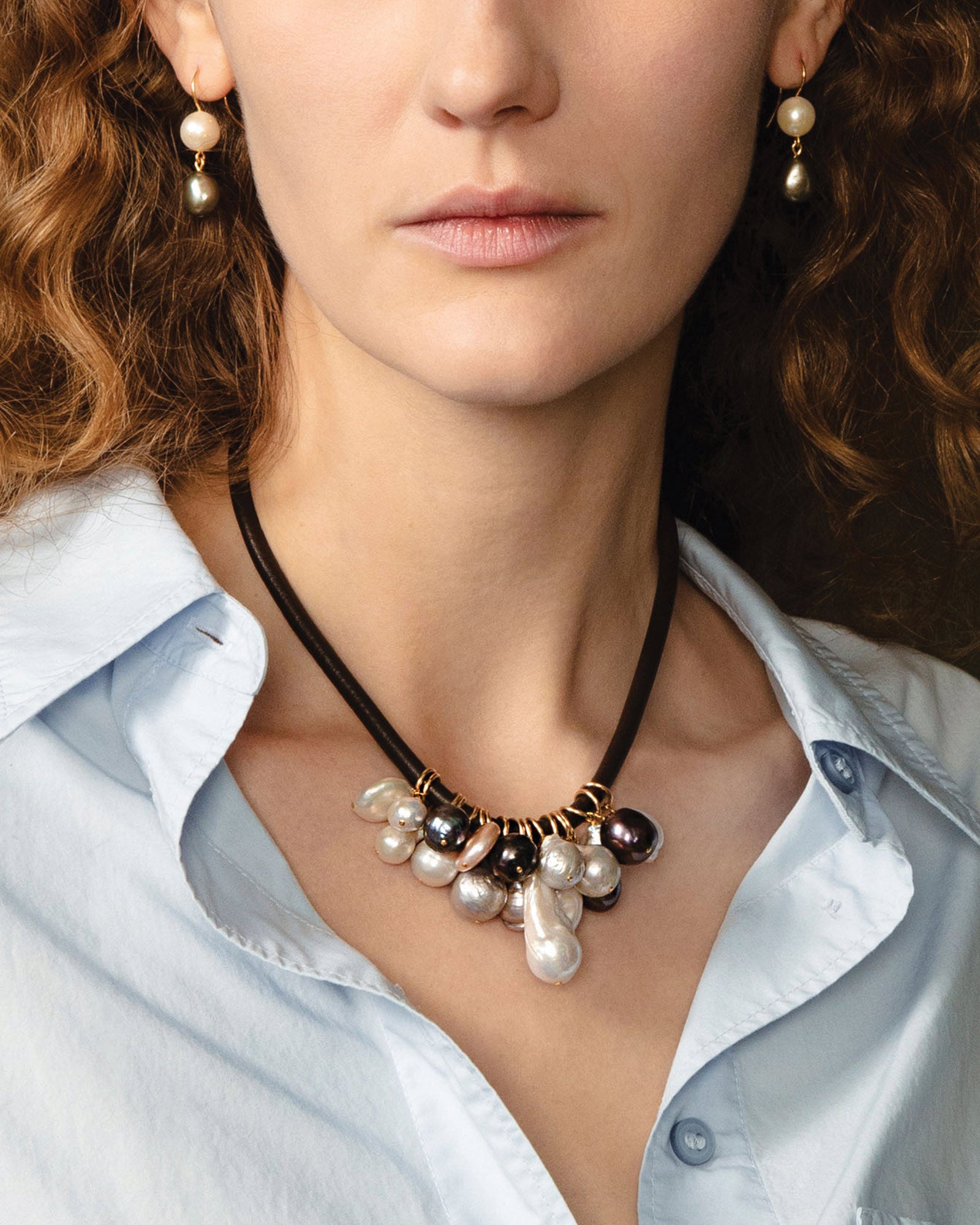 Mix Pearl Leather Cord Necklace 18k Gold Vermeil, Assorted Pearls