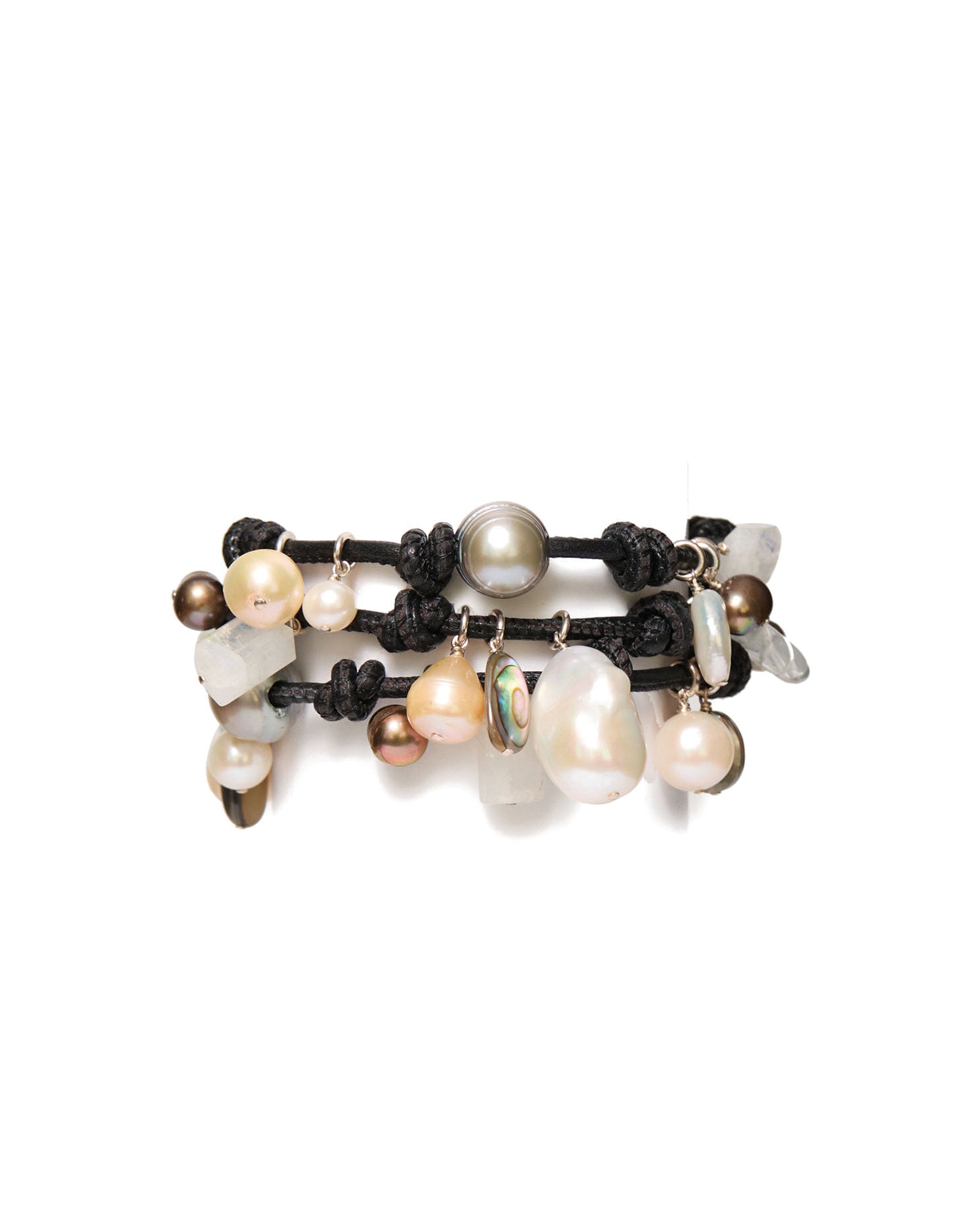 Triple Wrap Bracelet | Black Sterling Silver, Freshwater Pearl, Abalone