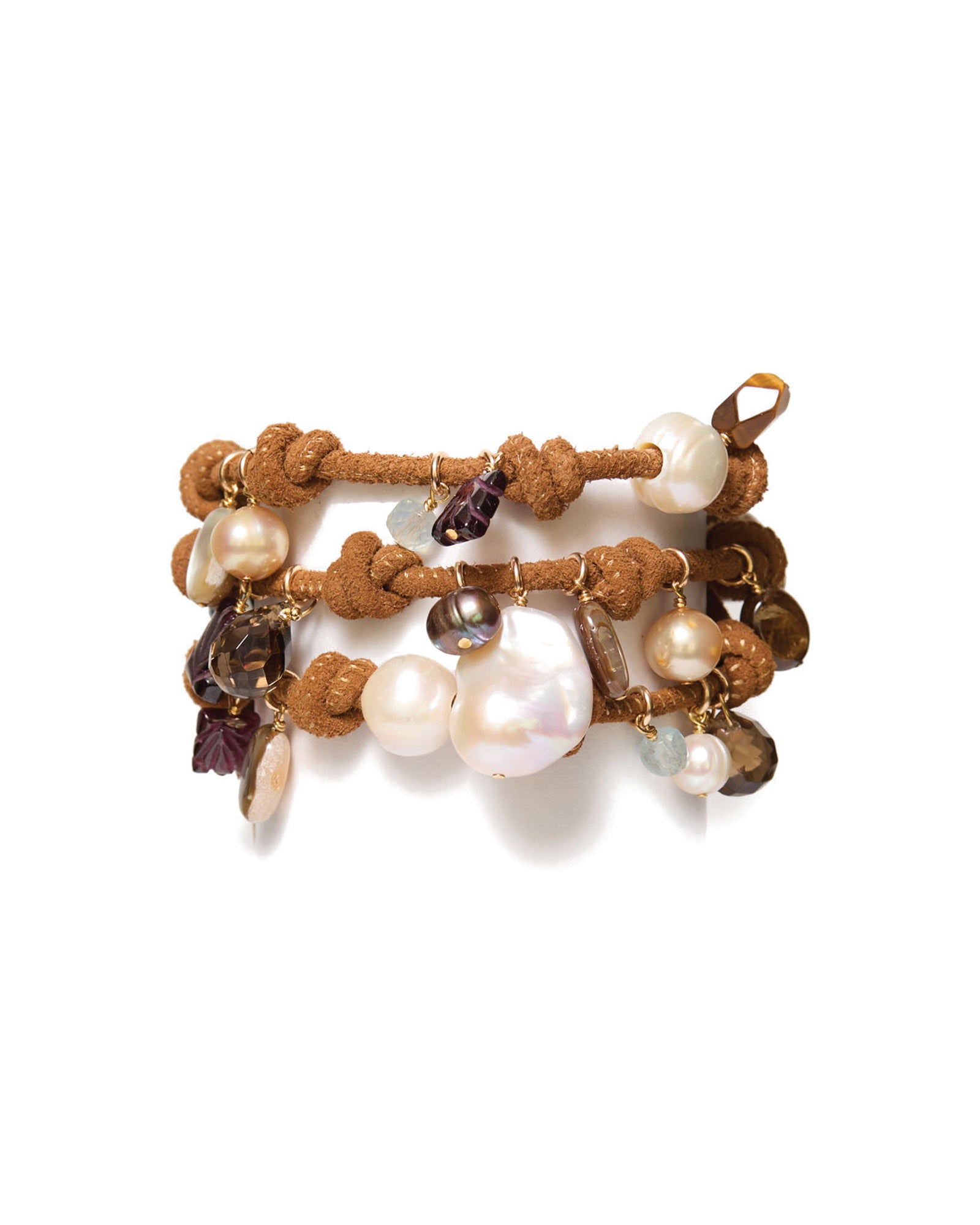 Triple Wrap Bracelet | Camel 18k Gold Vermeil, Freshwater Pearl, Abalone