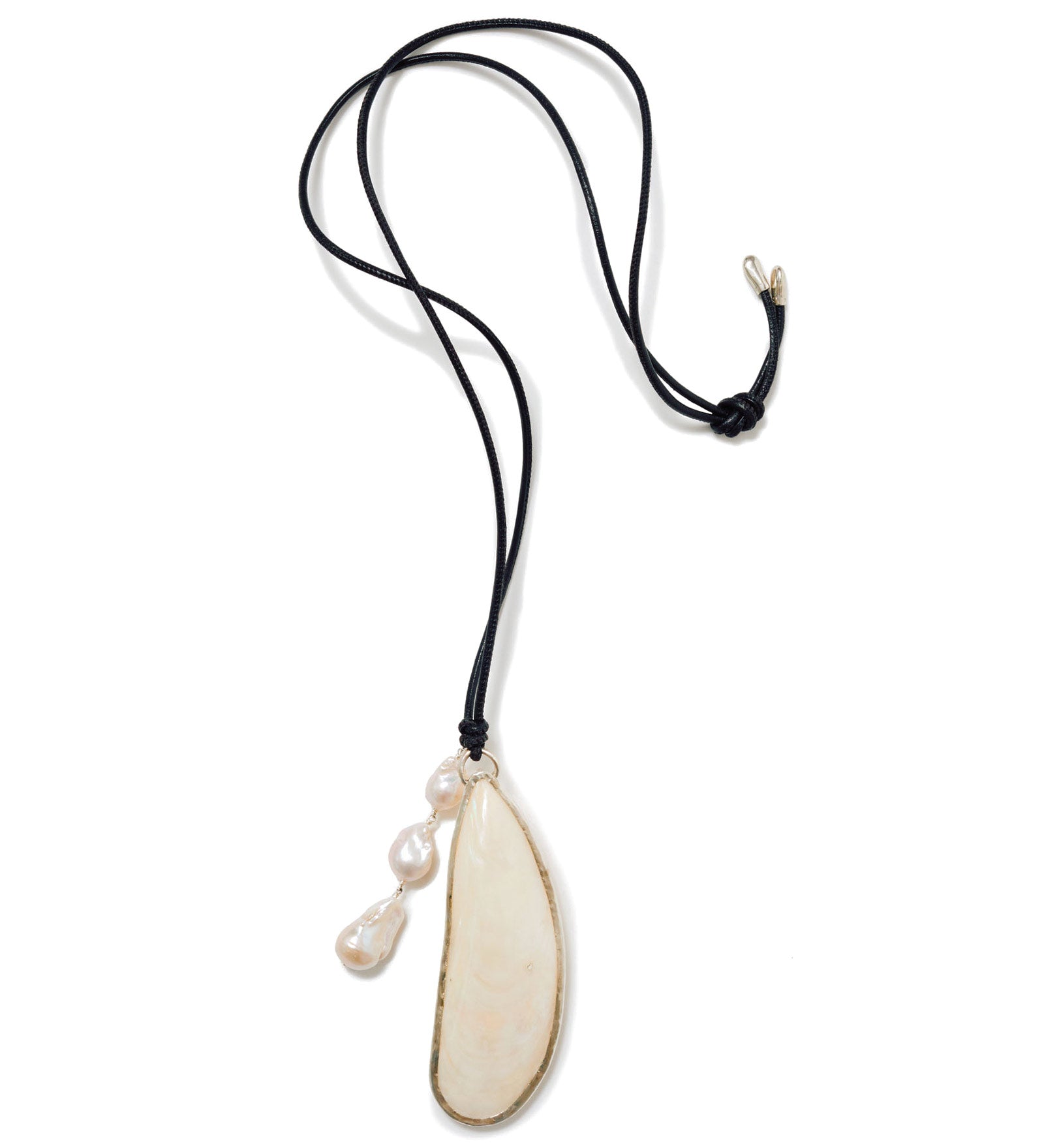 Haena Charm Necklace White Mother of Pearl Sterling Silver, Yellow Mussel Shell, Freshwater Baroque Pearls